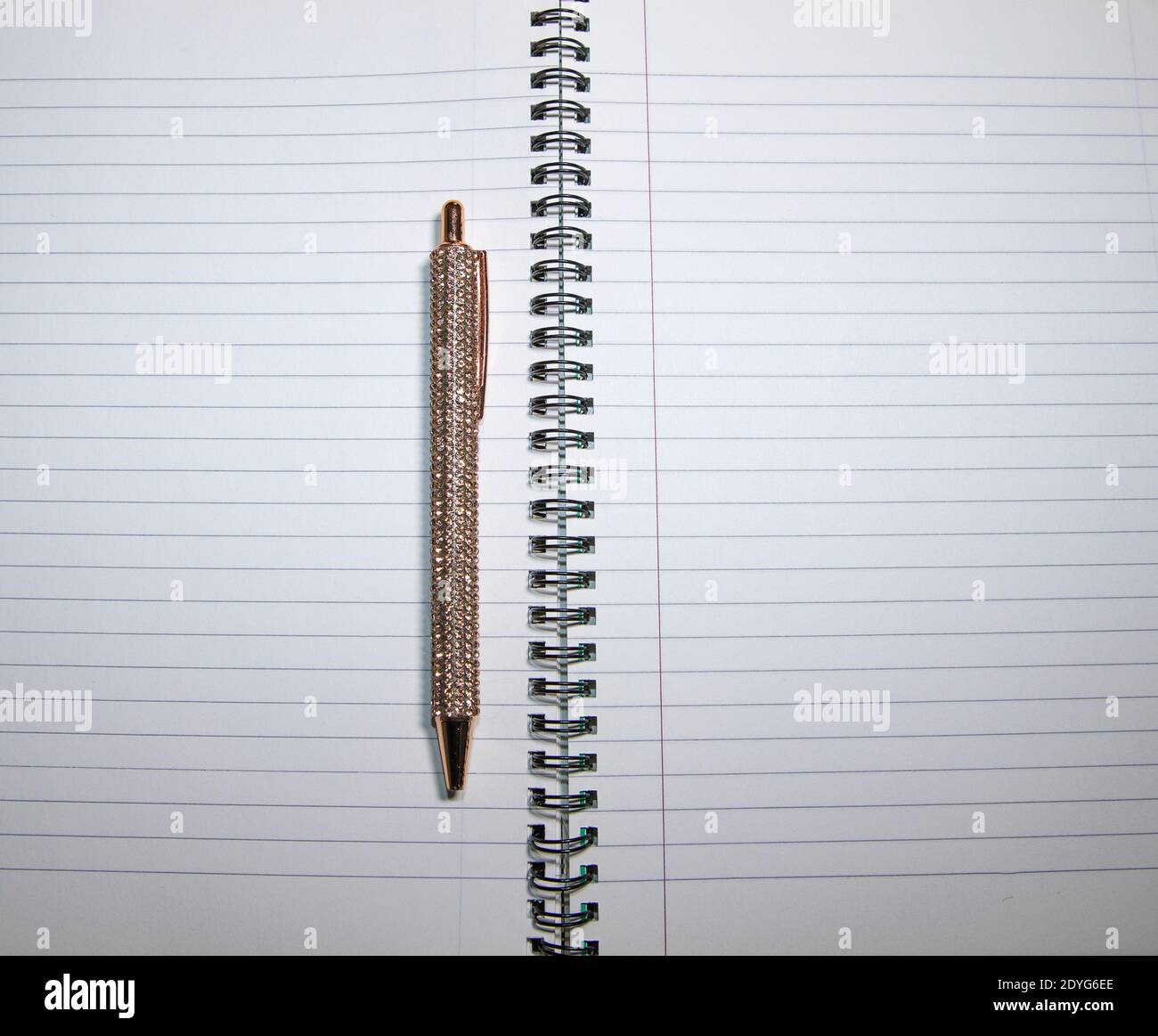 Spiral Notebook With Pen.  Copy Space. Ladies  gold diamond pen on a empty white  page with lines. Stock Image Stock Photo
