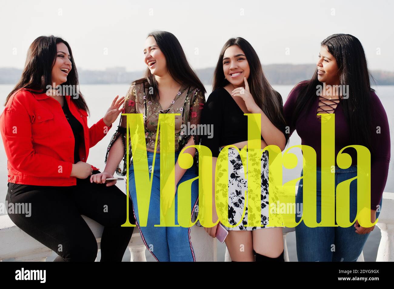 Machala city. Group of four happy and pretty latino girls from Ecuador. Stock Photo