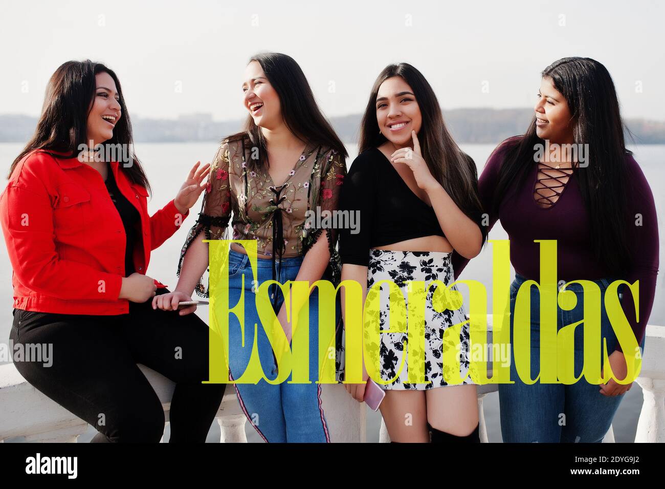 Esmeraldas city. Group of four happy and pretty latino girls from Ecuador. Stock Photo