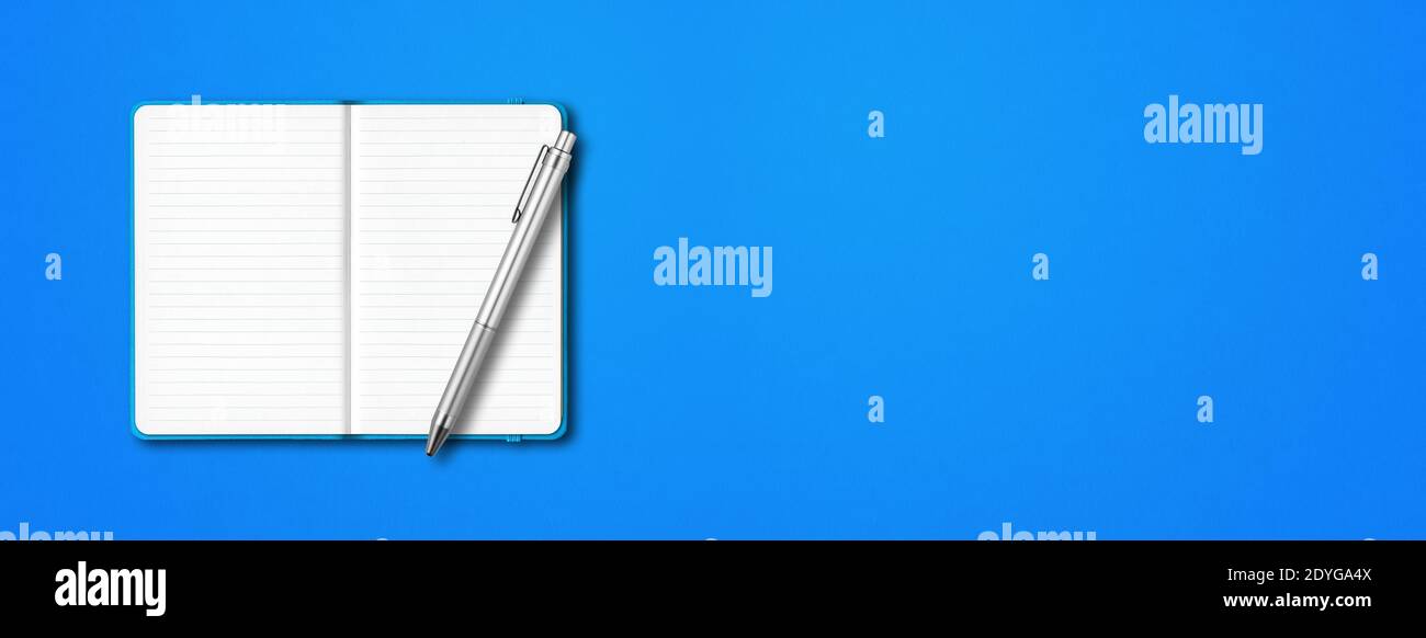 Cyan open lined notebook mockup with a pen isolated on blue background. Horizontal banner Stock Photo