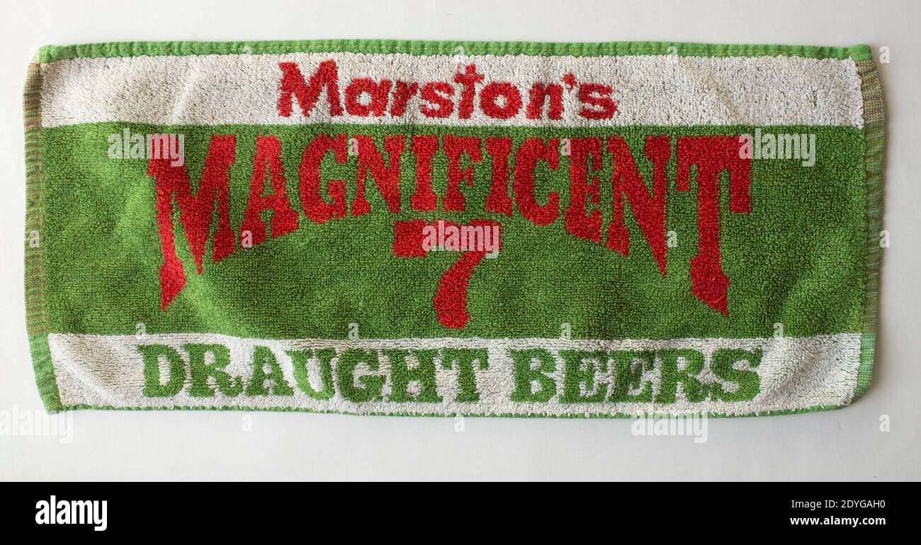 Pub Beer Towel Advertising Marstons Magnificent 7 Draught Beers Stock Photo