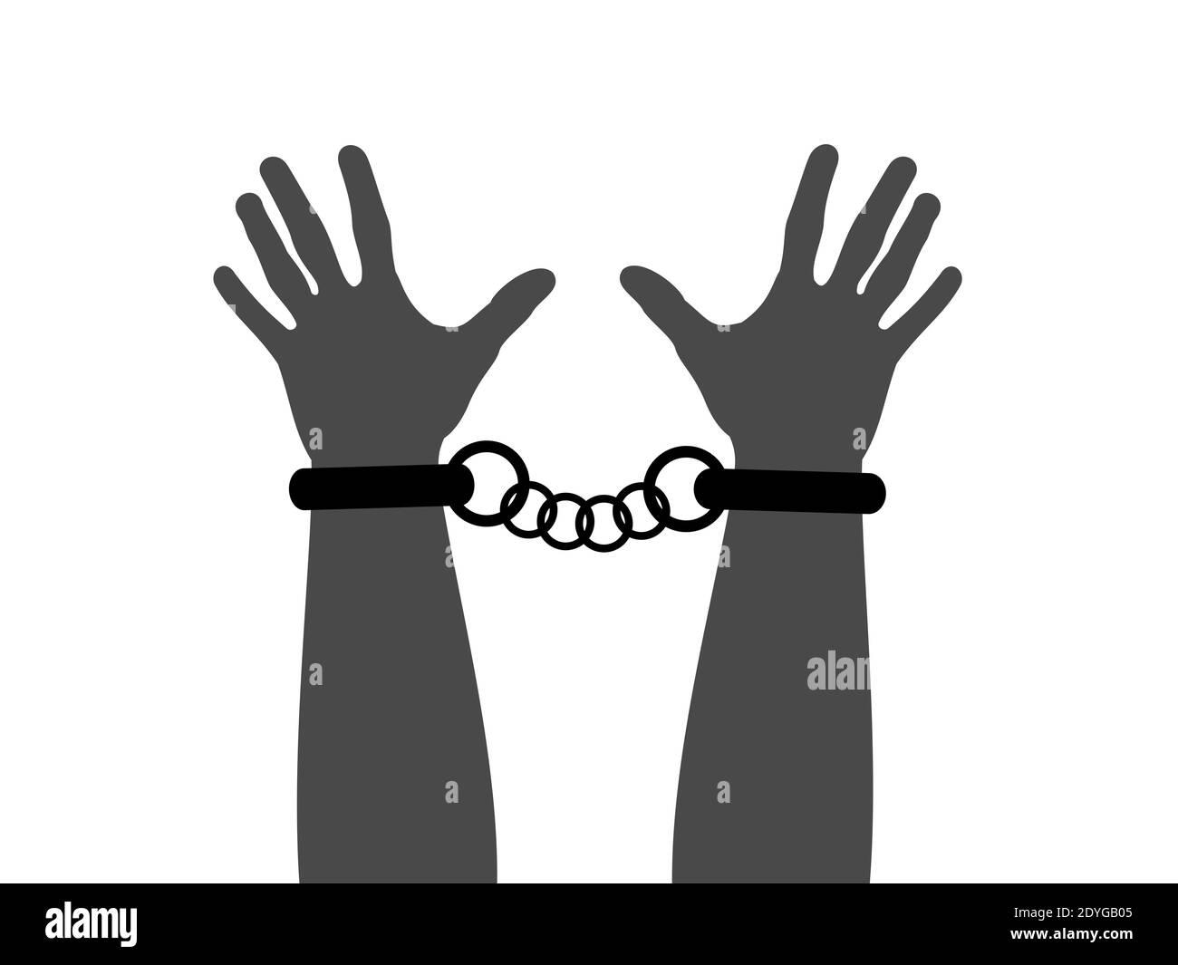 Criminal is wearing cuffs and handcuffs on wrist, hand and arm. Imprisonment because of crime. Vector illustration Stock Photo