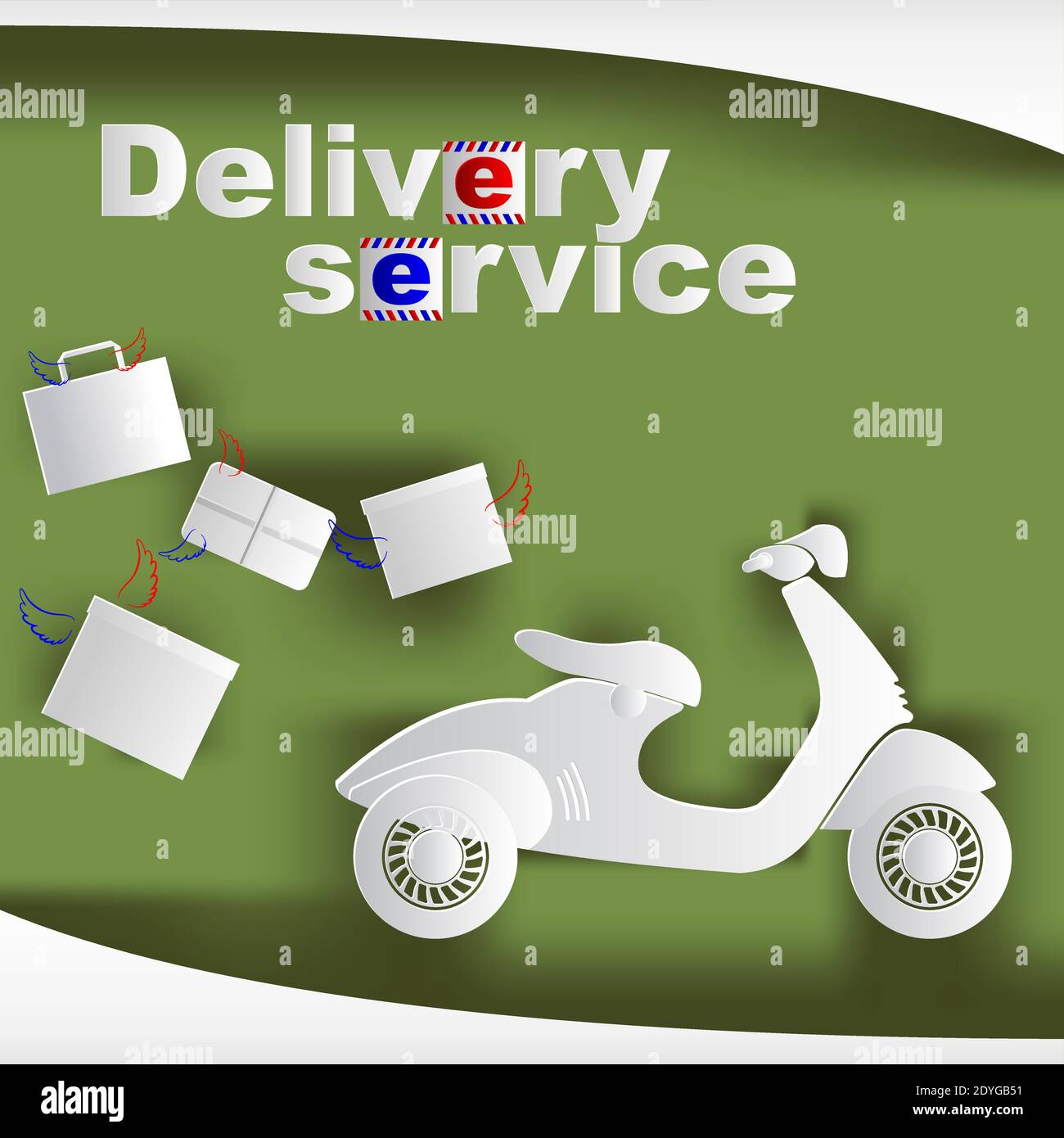 Banner with scooter and boxes and text delivery service. Vector illustration. Stock Vector