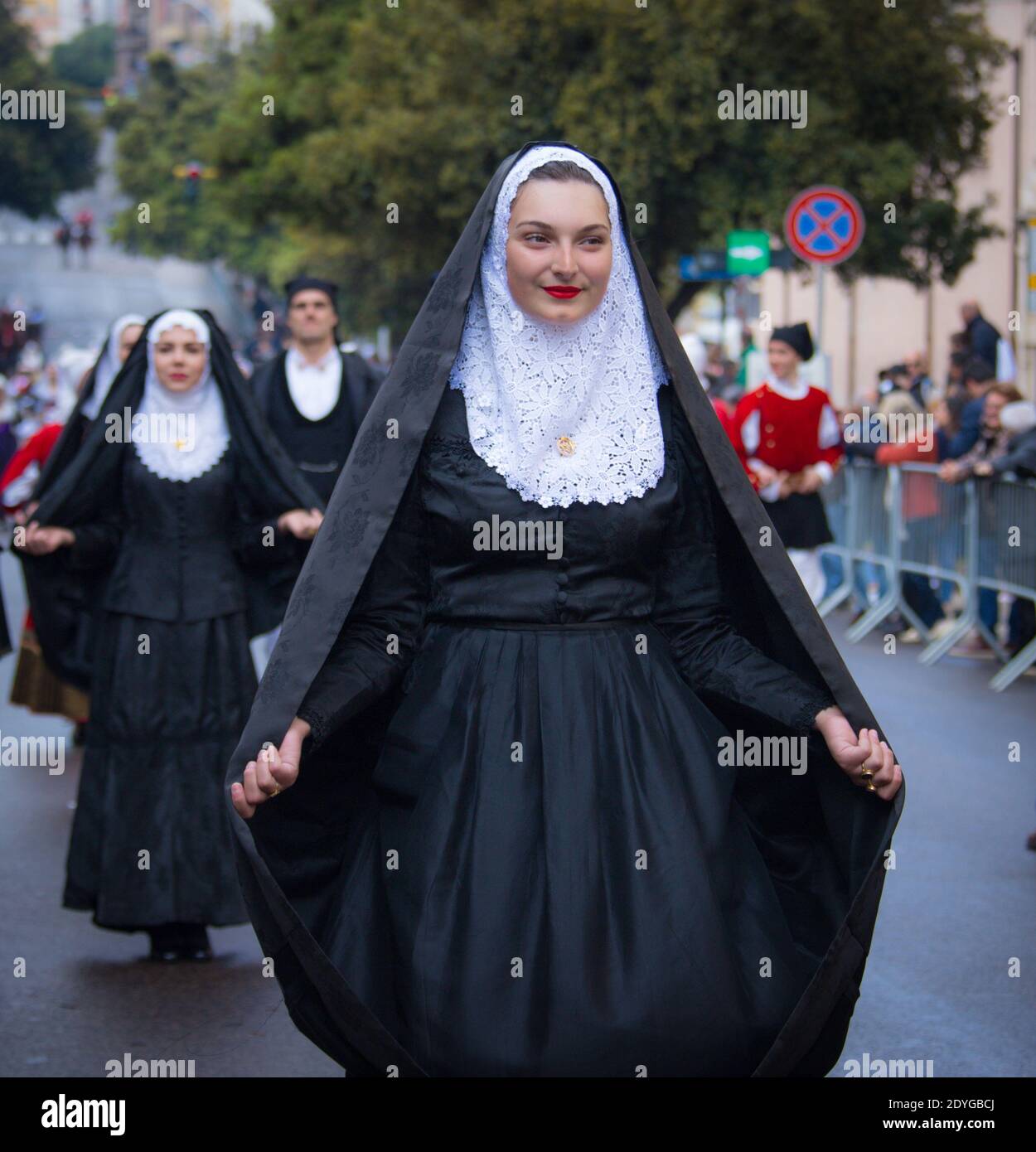 SASSARI, ITALY - May 19th, 2019- Sardinian cavalcade, traditional Sardinian clothes, Tempio Pausanian dress Stock Photo