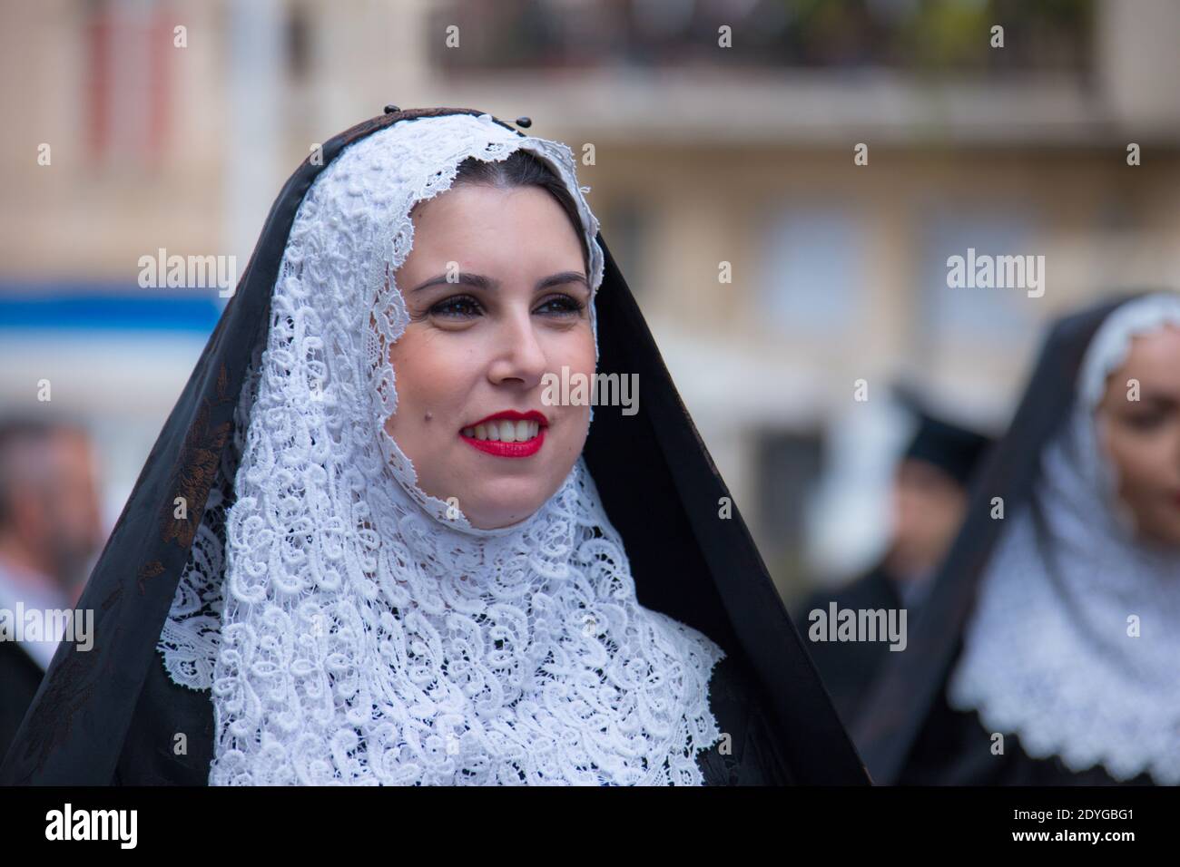 SASSARI, ITALY - May 19th, 2019- Sardinian cavalcade, traditional Sardinian clothes, Tempio Pausanian dress Stock Photo