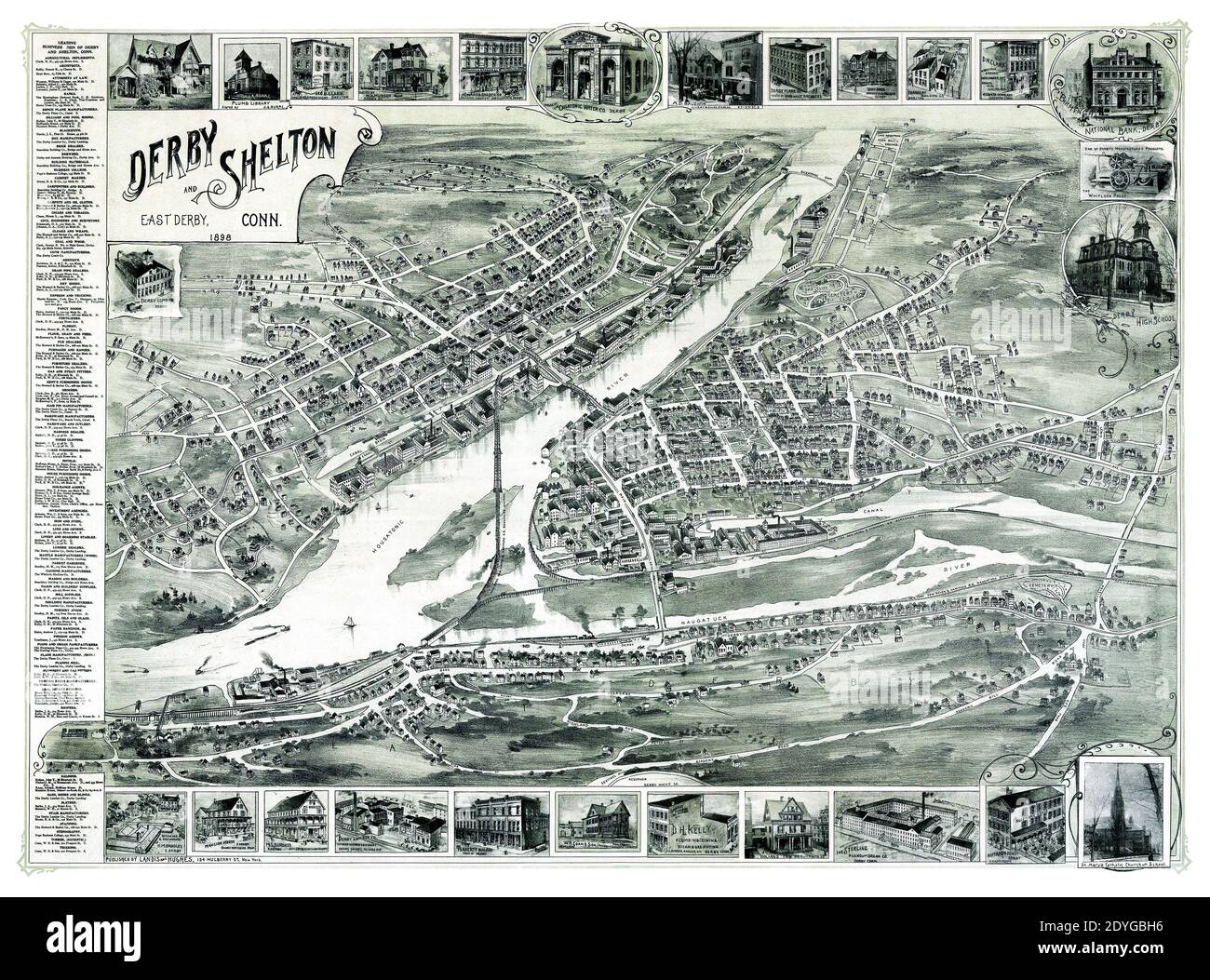 Perspective or birds-eye view of Derby and Shelton, Connecticut, for antique 1898 map. Note identification of street names, landmarks, businesses, railroads, and manufacturing buildings. This restored, detailed reproduction brings out a slight green tint. The map includes a business directory along with photos and illustrations of local buildings and landmarks, making this map a great historical reference. Stock Photo