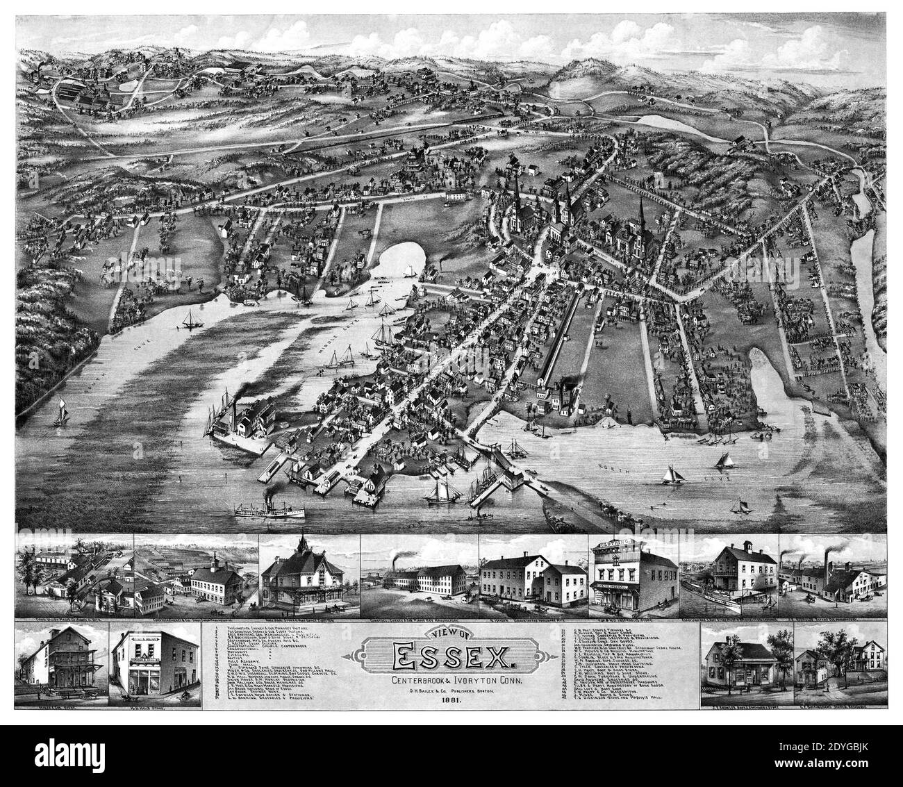 Perspective or birds-eye view of Essex, Centerbrook & Ivoryton, Connecticut, from 1881 antique map. Stock Photo
