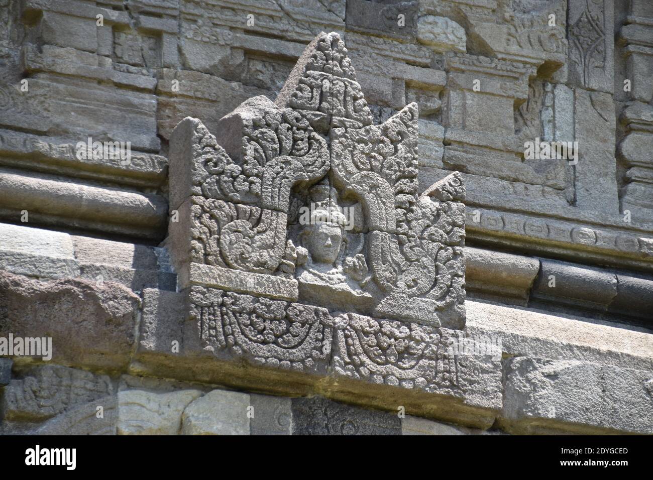 Bodhisattva relief at main temple's wall in the Plaosan temple complex at Central Java, Indonesia Stock Photo