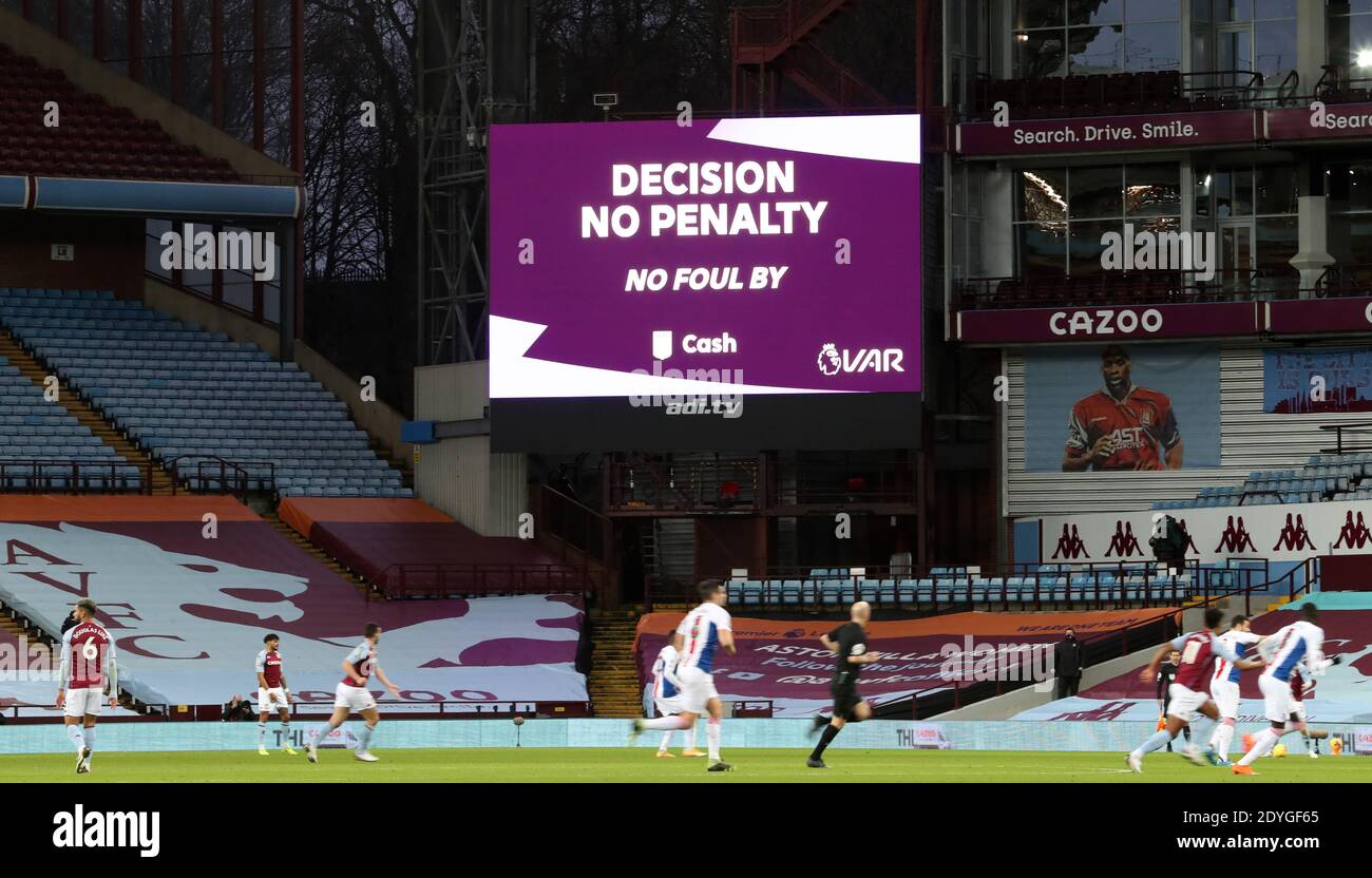 The big screen shows a No Penalty VAR decision during the Premier ...