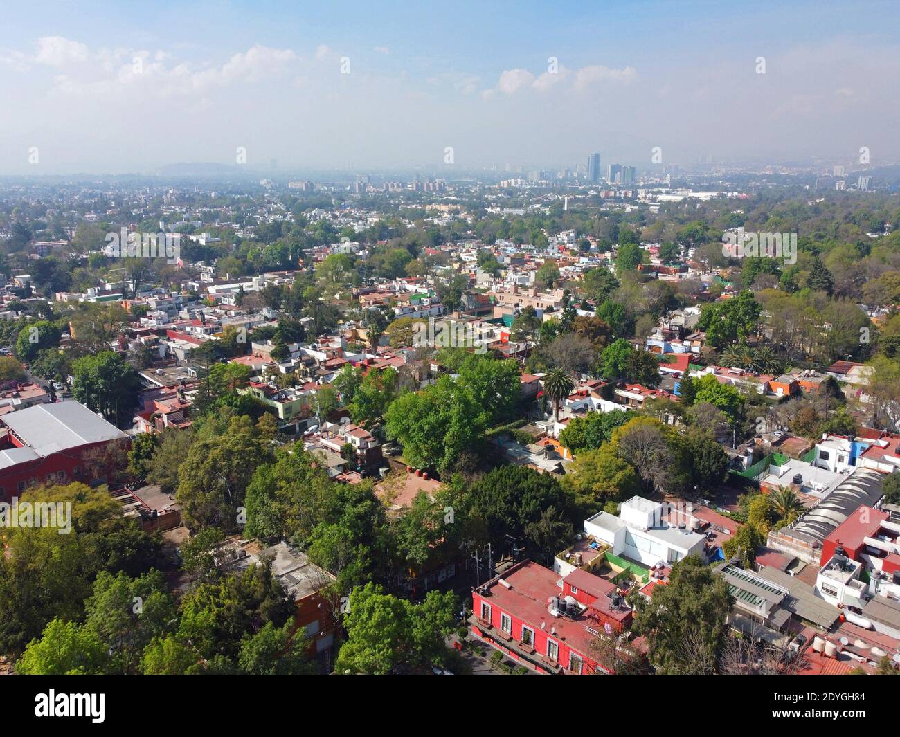 Historic center of Villa Coyoacan aerial view in Mexico City CDMX, Mexico. Stock Photo