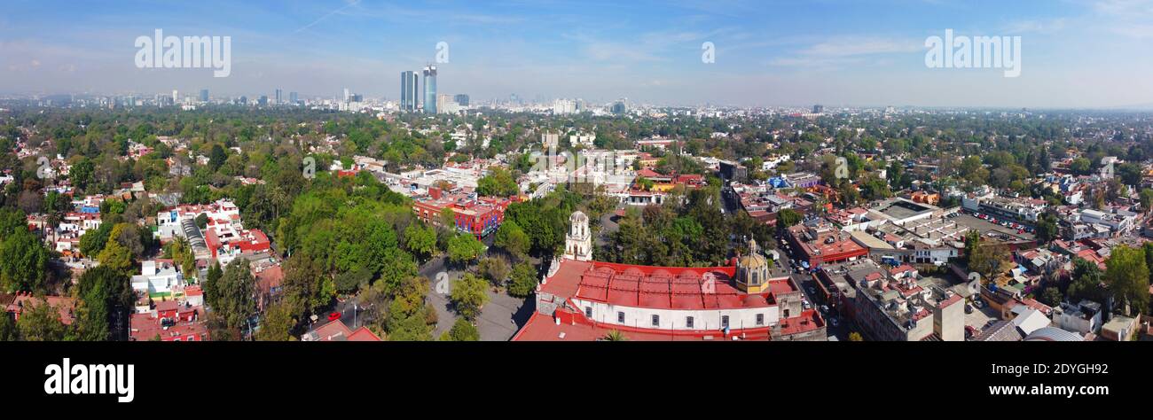 Historic center of Villa Coyoacan panorama aerial view in Mexico City CDMX, Mexico. Stock Photo