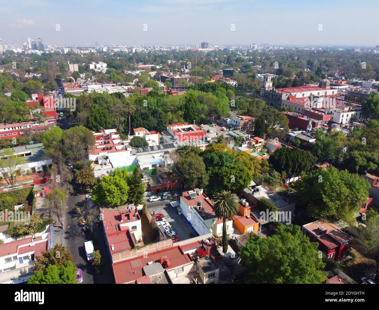 Historic center of Villa Coyoacan aerial view in Mexico City CDMX, Mexico. Stock Photo