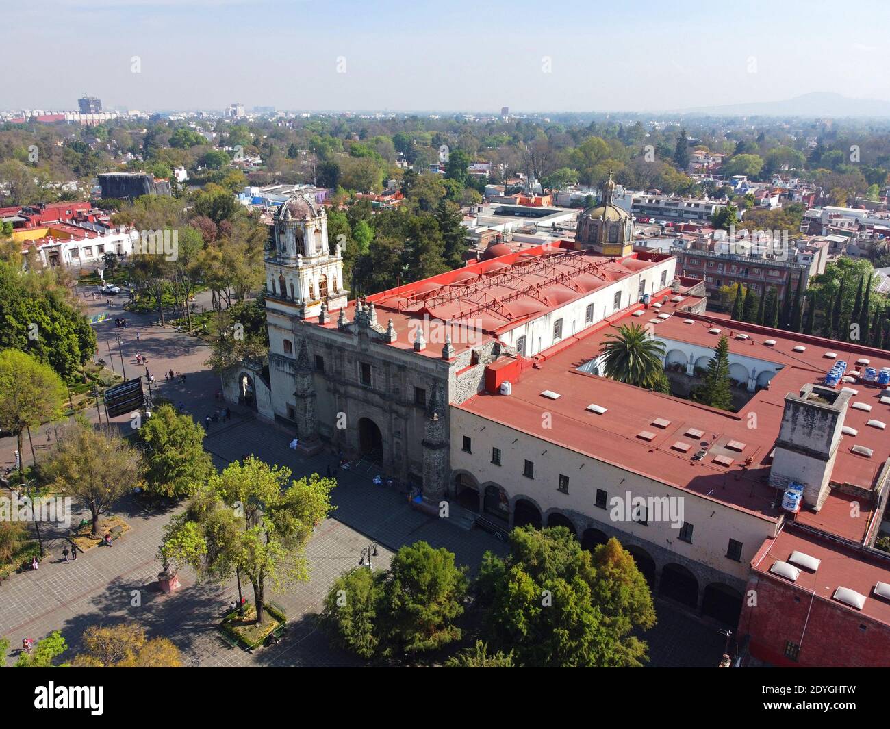 Historic center of Villa Coyoacan and Iglesia de San Juan Bautista aerial view in Mexico City CDMX, Mexico. Stock Photo