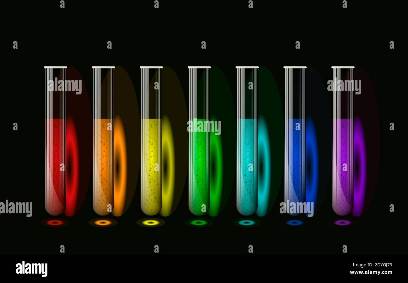 Chemical Testing Color A set of chemical test tubes with multi-colored liquids on a black ...