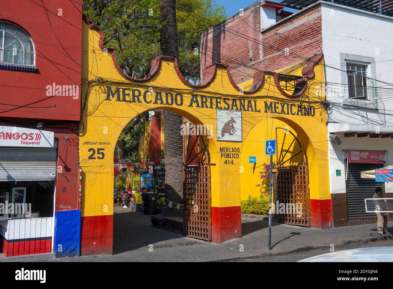 Mexican Craft Market Mercado Artesanal Mexicano on Felipe Carrillo Puerto Street in historic center of Coyoacan, Mexico City CDMX, Mexico. Stock Photo