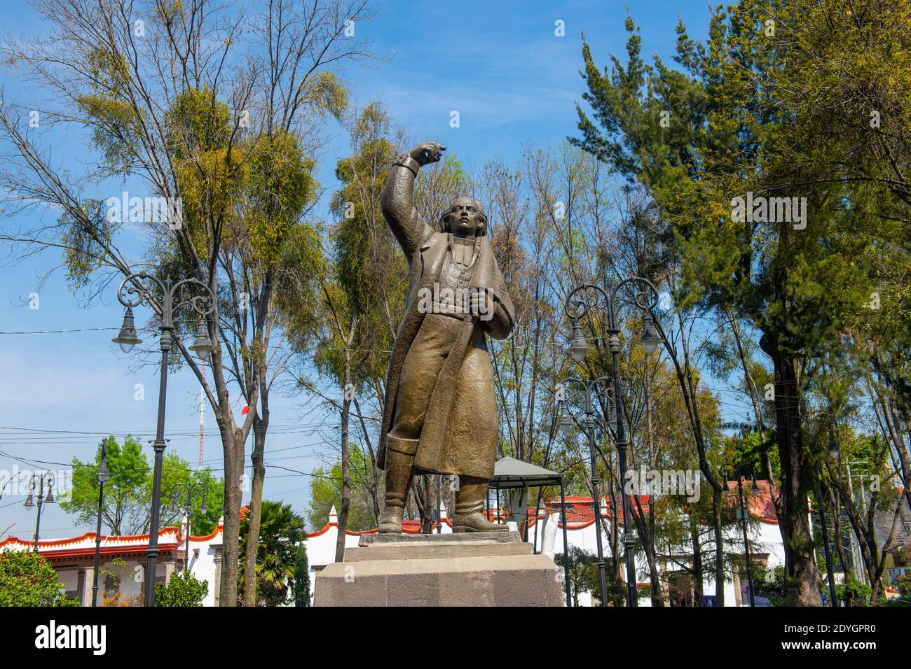 Statue of Miguel Hidalgo in Jardin Plaza Hidalgo in historic center of Coyoacan, Mexico City CDMX, Mexico. Stock Photo