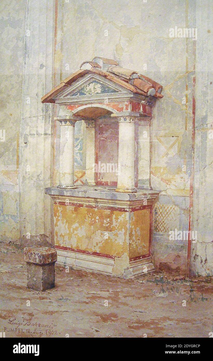 Lararium of the House of Dioscuri at Pompeii, 1902 by Luigi Bazzani. Stock Photo