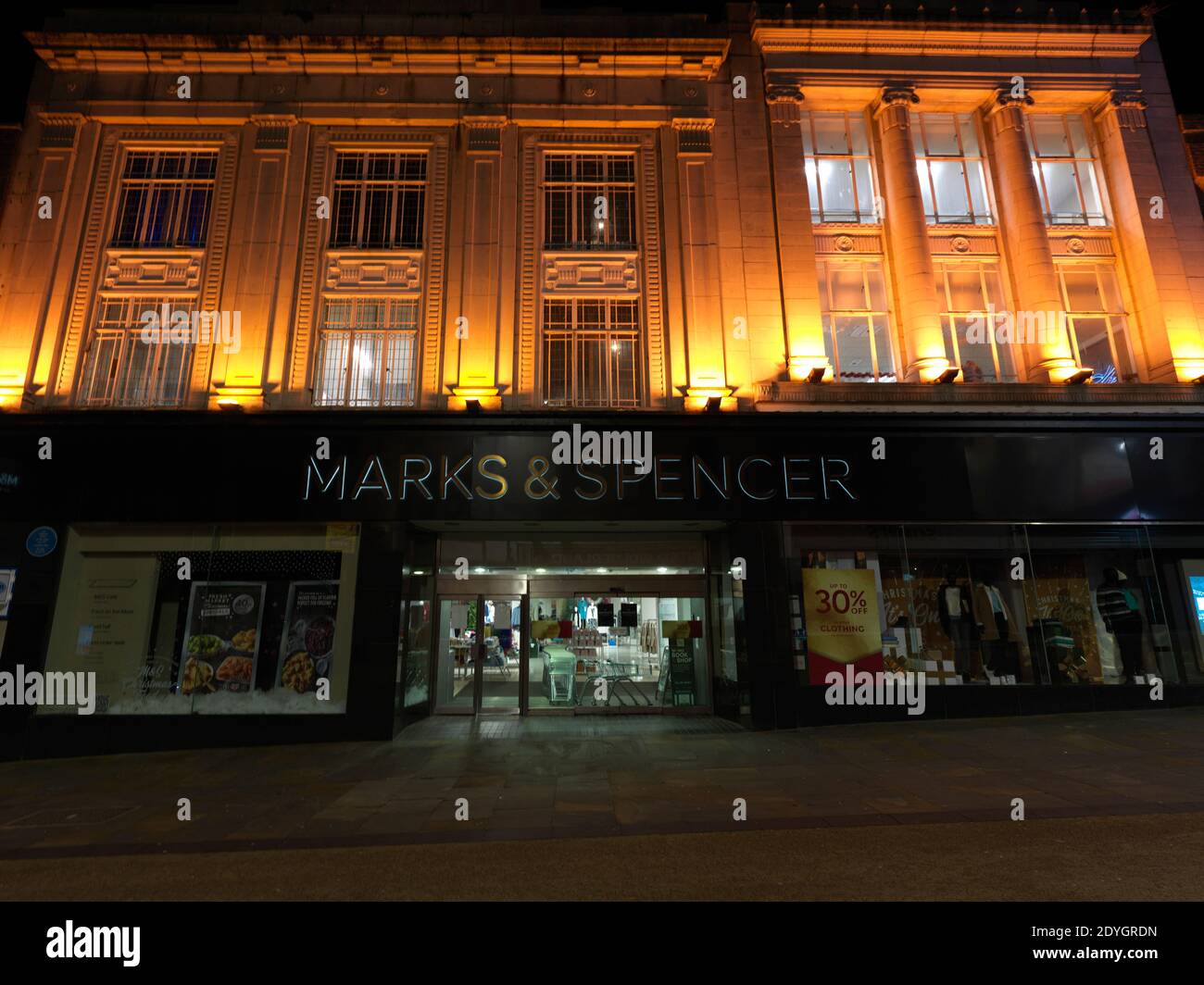 Marks and Spencer building at night in the centre of Scarborough at Christmas time Stock Photo