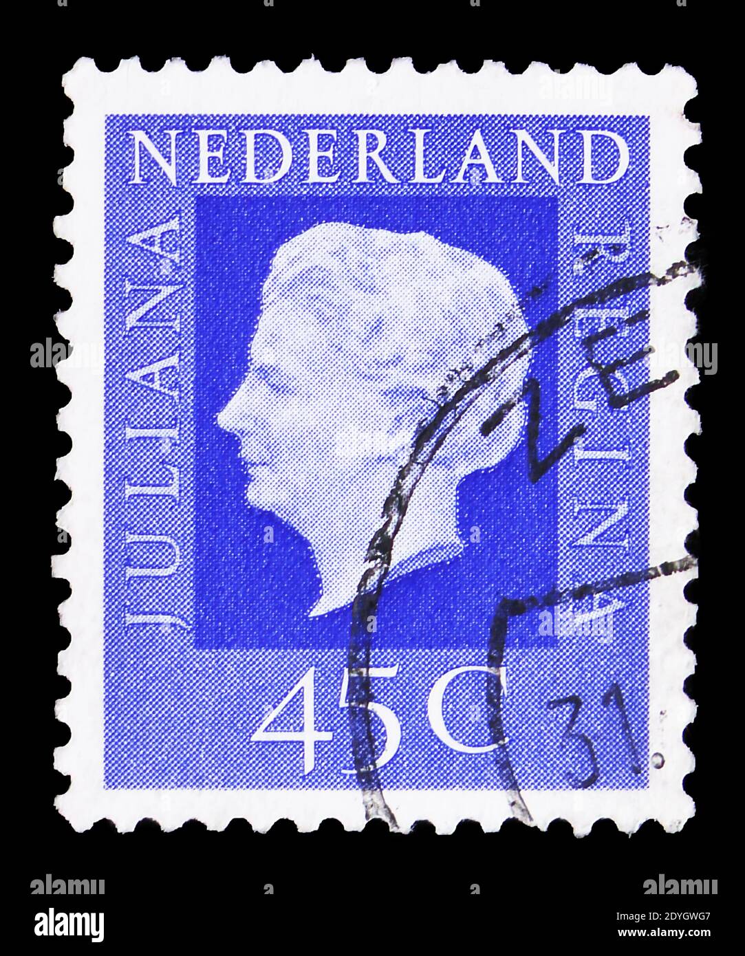 MOSCOW, RUSSIA - AUGUST 8, 2019: Postage stamp printed in Netherlands shows Queen Juliana (1909-2004), Type 'Regina' serie, circa 1972 Stock Photo
