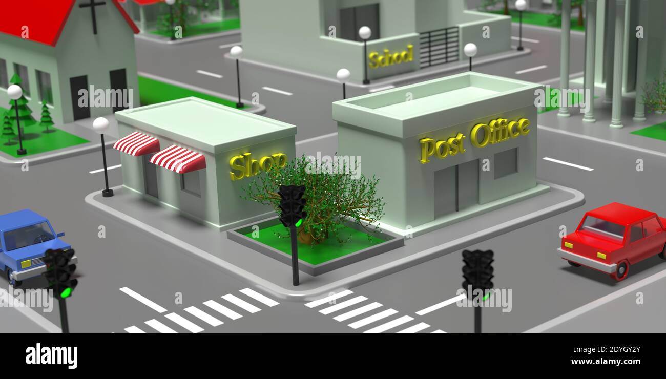 Cartoon post office and shop downtown concept. Isometric, facade buildings with signboard ready to serve customers with delivery and products at citys Stock Photo - Alamy Cartoon post office and shop downtown concept. Isometric, facade buildings with signboard ready to serve customers with delivery and products at citys Stock Photo - Alamy