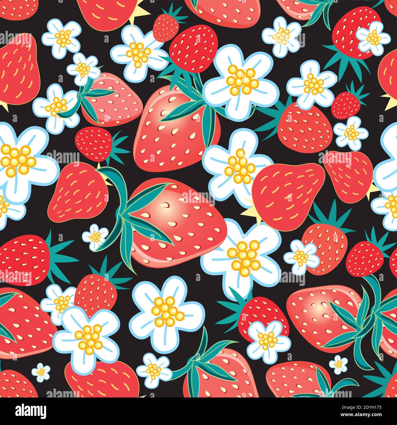Seamless multicolored pattern of strawberries and flowers on a dark background. Example of a strawberry pattern for packaging and advertising Stock Vector