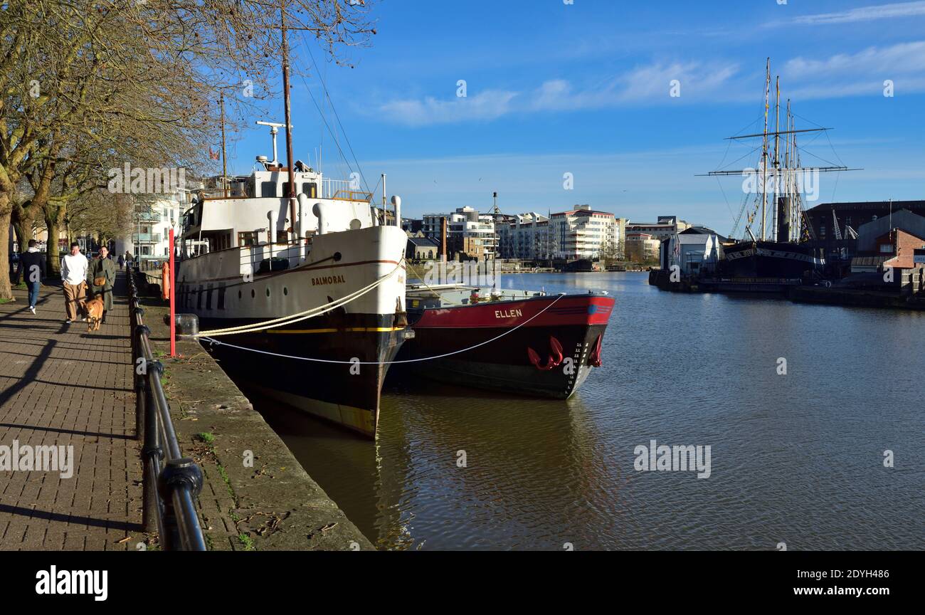 Bristol, UK, Hotwell's Road, Cannon's Marsh area of floating harbour with Balmoral and Ellan shops moored looking toward city centre Stock Photo
