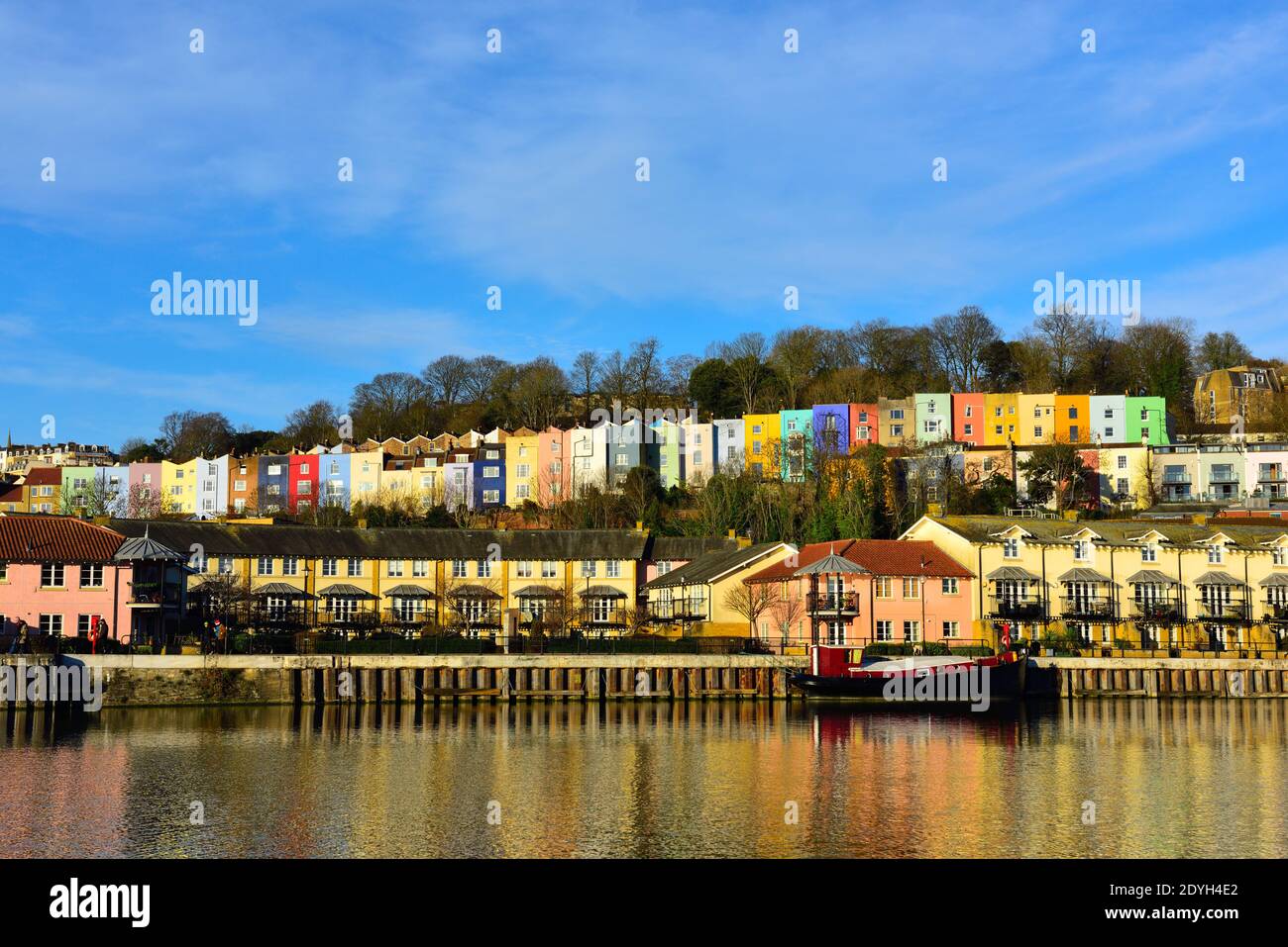 Colourful terraced houses in Cliftonwood hillside overlooking Bristol floating harbour, England Stock Photo
