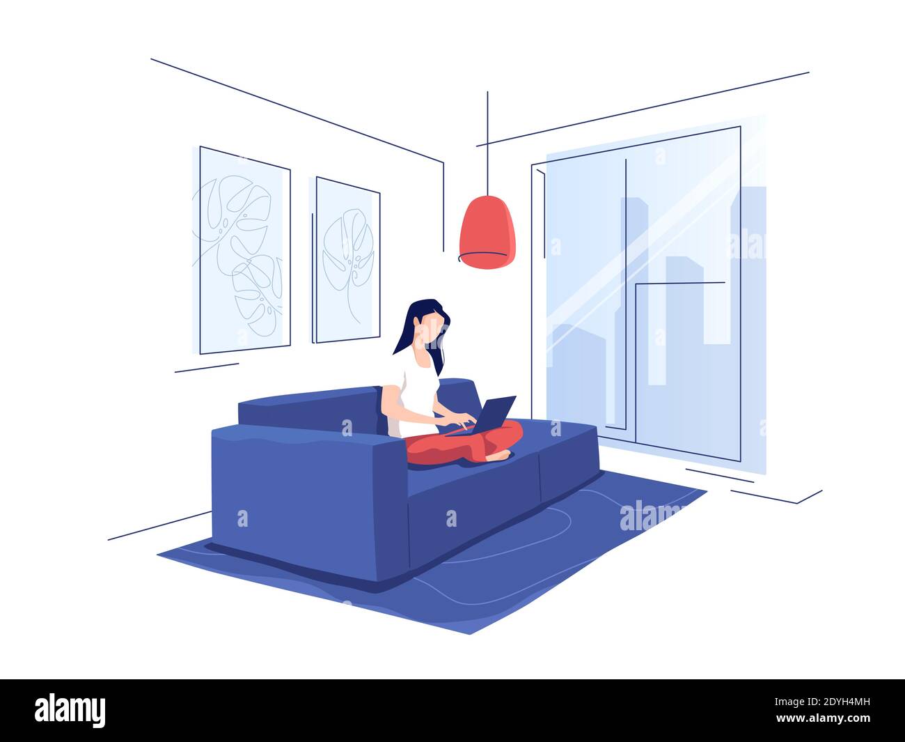 Vector illustration depicting a young girl in a modern interior using a laptop while sitting on a home sofa Stock Vector