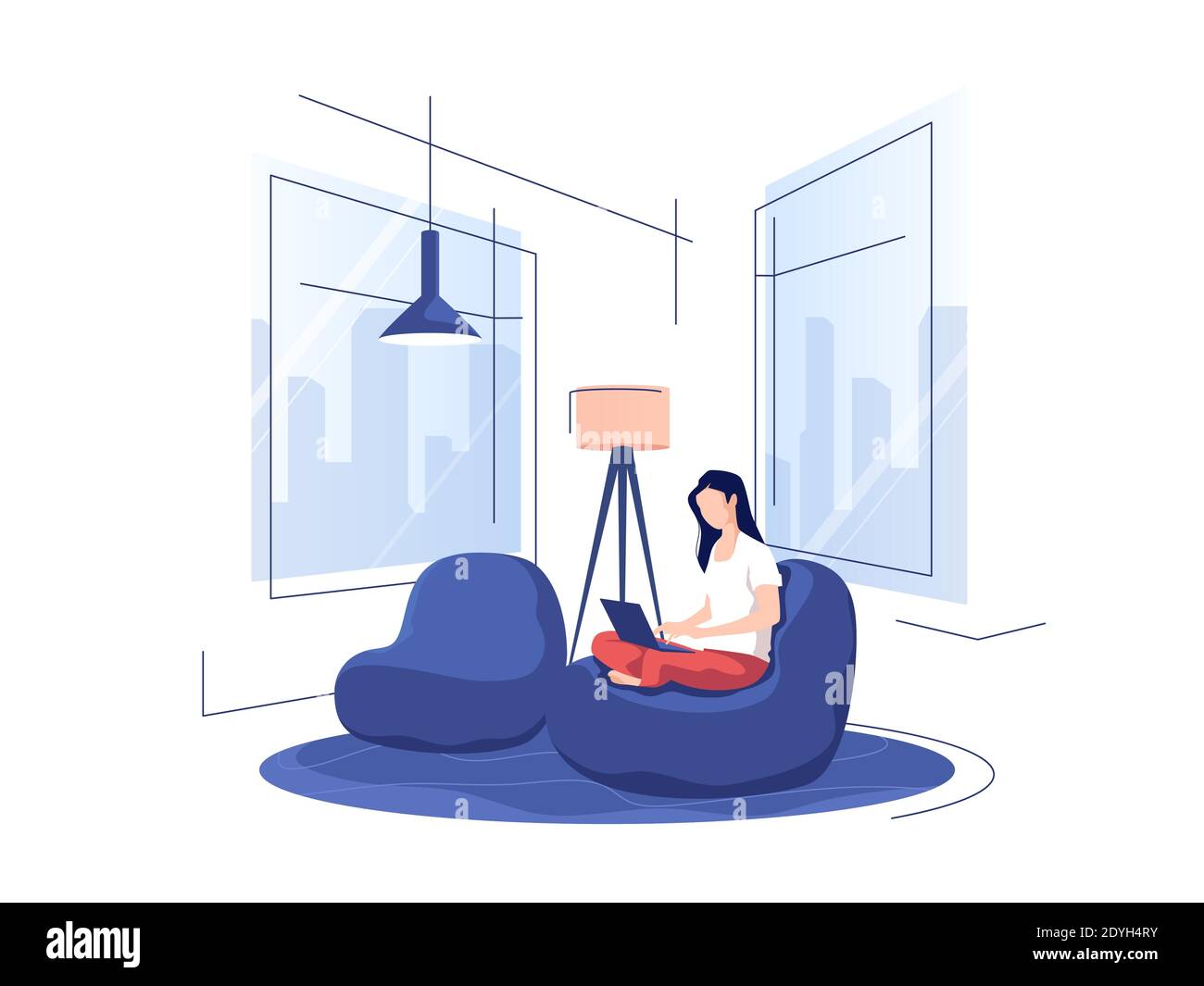 Vector illustration depicting a young girl in a modern interior using a laptop while sitting in a home chair Stock Vector