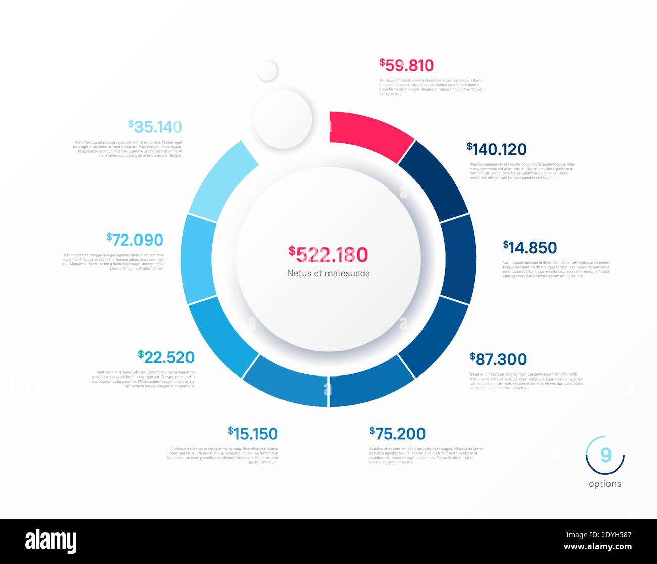 Vector infographic round chart template. Nine options, steps, parts ...