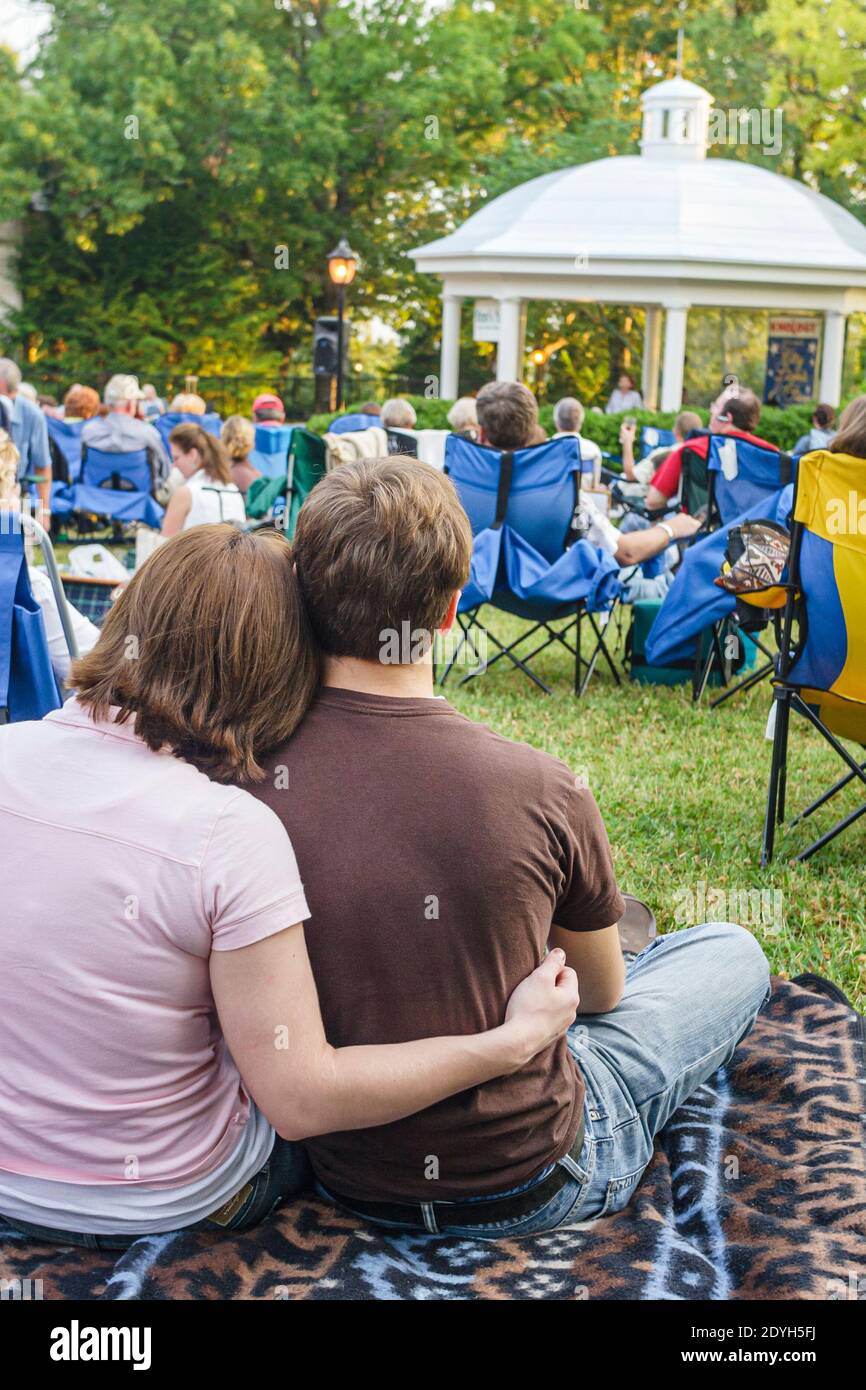 Huntsville Alabama,Burritt on the Mountain,City Lights & Stars Concert Series,picnic lawn chairs grass man woman female couple gazebo, Stock Photo