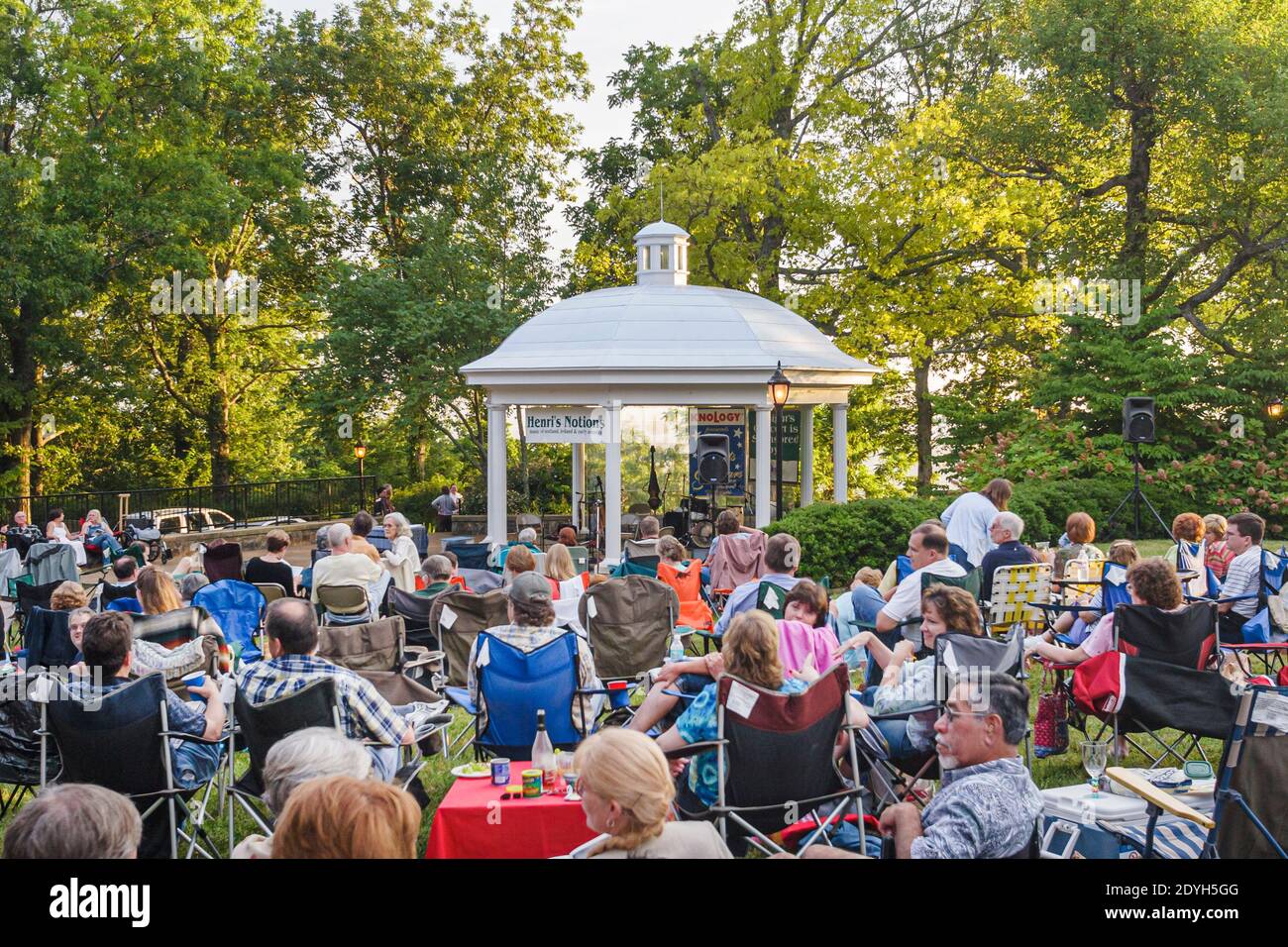 Huntsville Alabama,Burritt on the Mountain,City Lights & Stars Concert Series,picnic lawn chairs grass friends family gazebo, Stock Photo