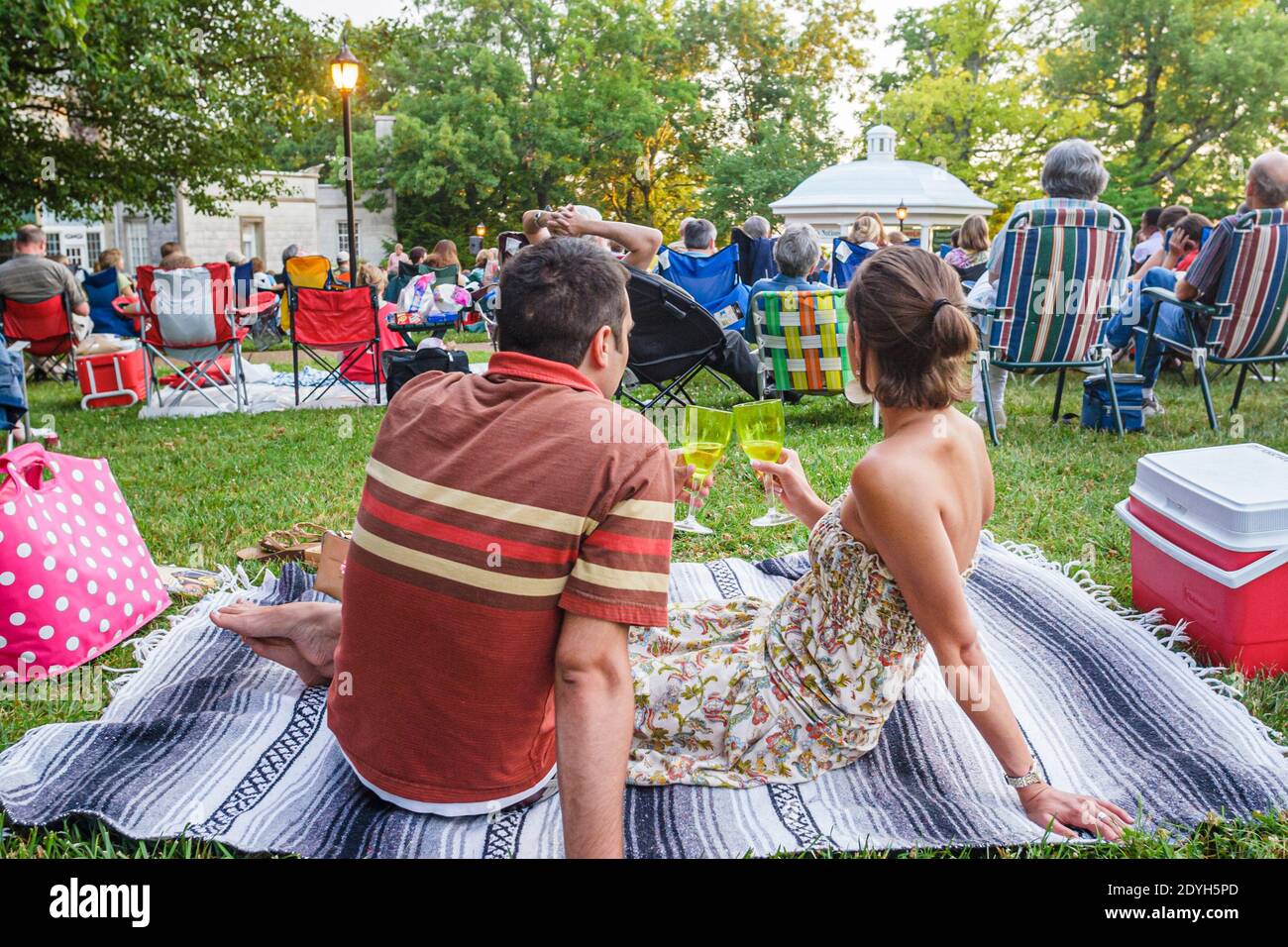 Huntsville Alabama,Burritt on the Mountain,City Lights & Stars Concert Series,picnic lawn grass friends family,man woman female couple drinking toasti Stock Photo