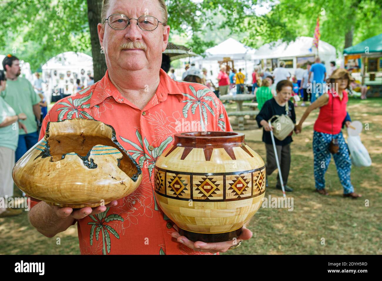 Alabama Tuscumbia Spring Park Helen Keller Festival of the Arts,artist Charles Beams wood turnings bowls vendor, Stock Photo