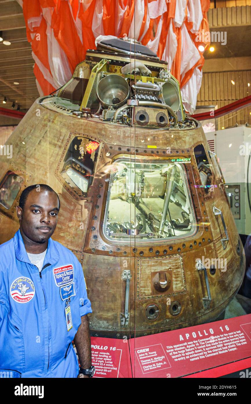 Huntsville Alabama,US Space & Rocket Center centre,Space Camp Black man guide capsule exhibit, Stock Photo