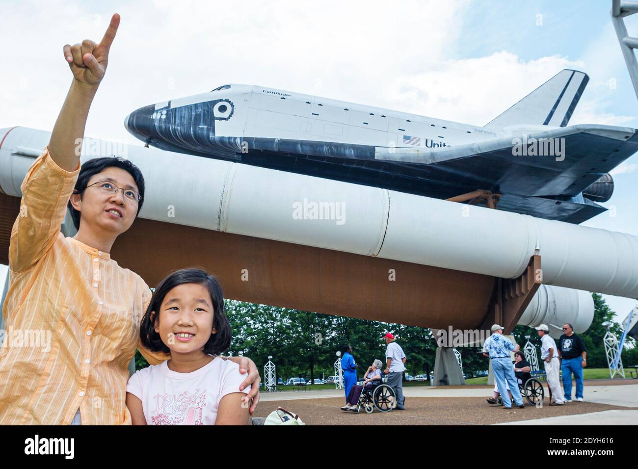 Huntsville Alabama,US Space & Rocket Center centre Space Camp,Asian mother daughter girl Space Shuttle pointing, Stock Photo