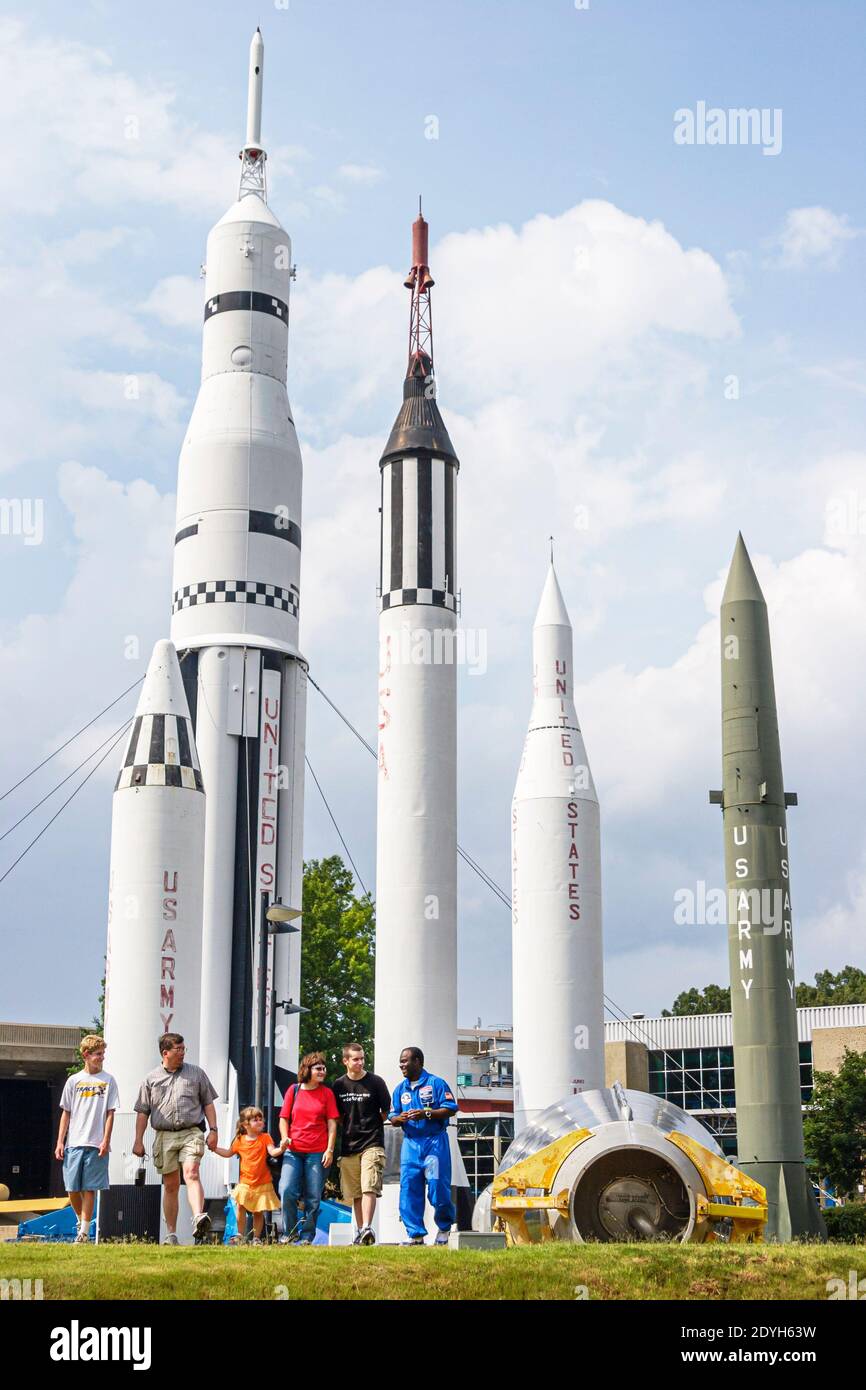 Huntsville Alabama,US Space & Rocket Center centre Space Camp,Black man guide family rockets rocket garden, Stock Photo