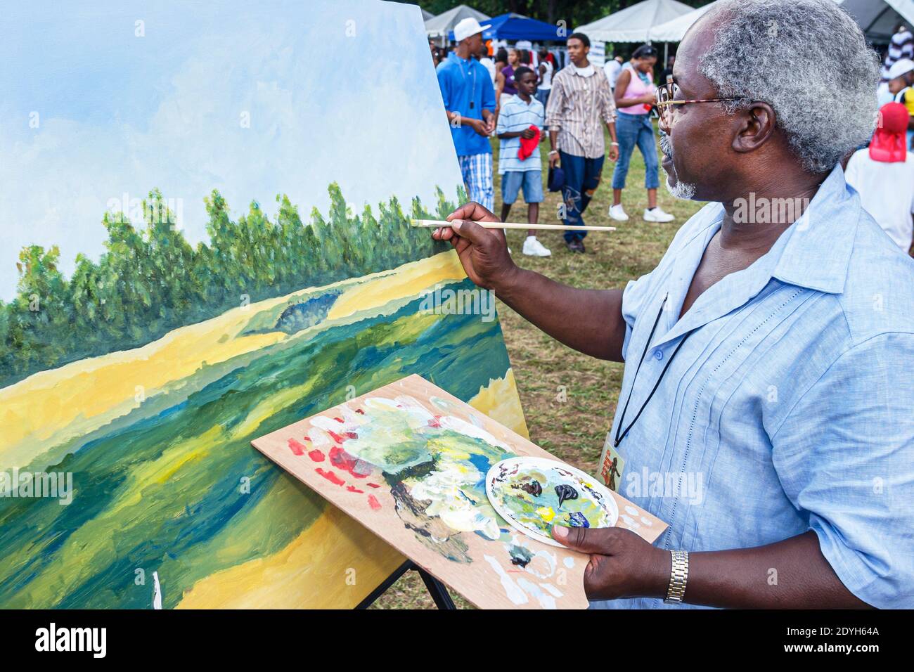Huntsville Alabama,Arts Festival annual Black man male painter Johnnie B. Bates painting scene scenery, Stock Photo
