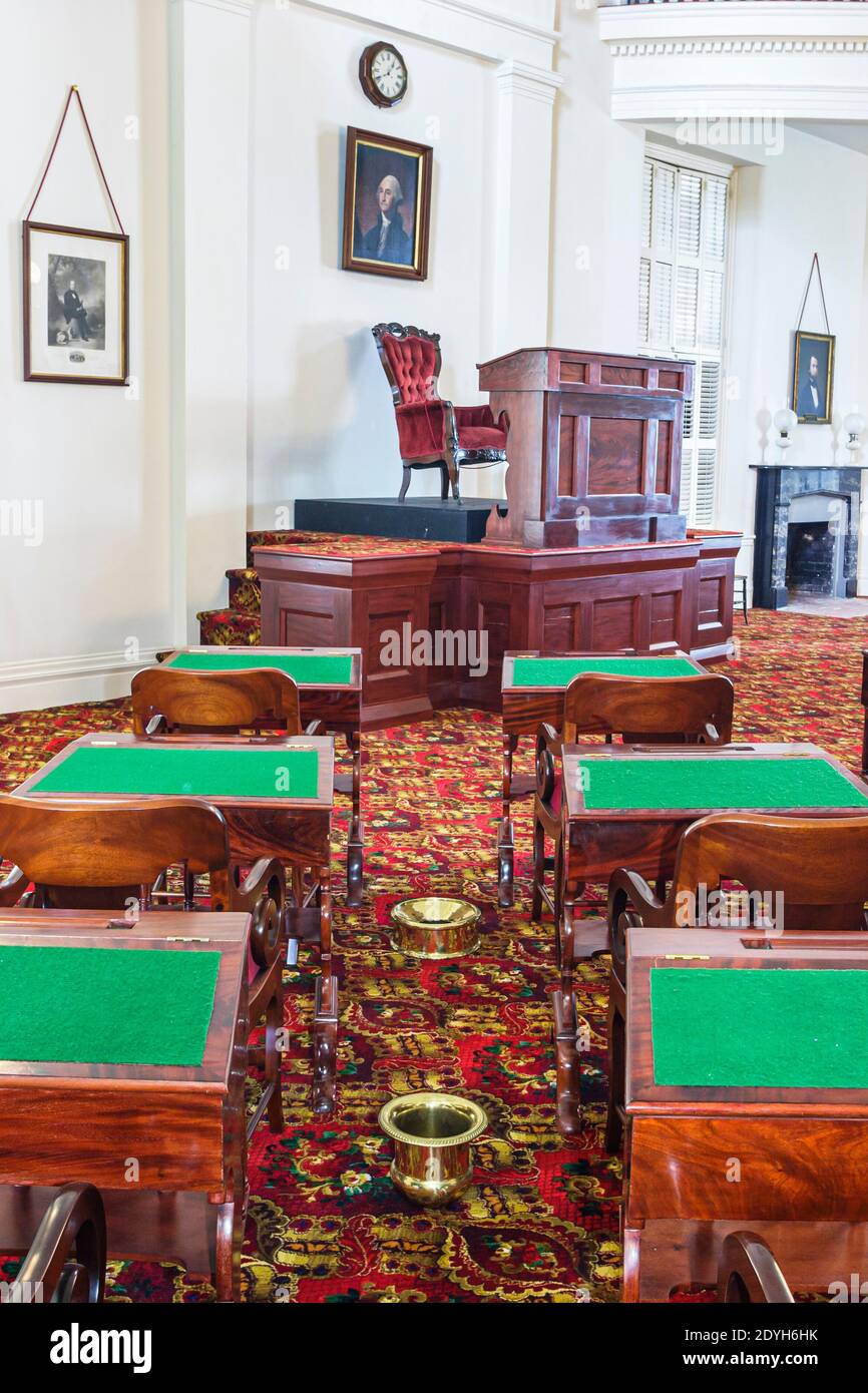 Alabama Montgomery State Capitol building Senate Chamber spittoon,inside interior, Stock Photo