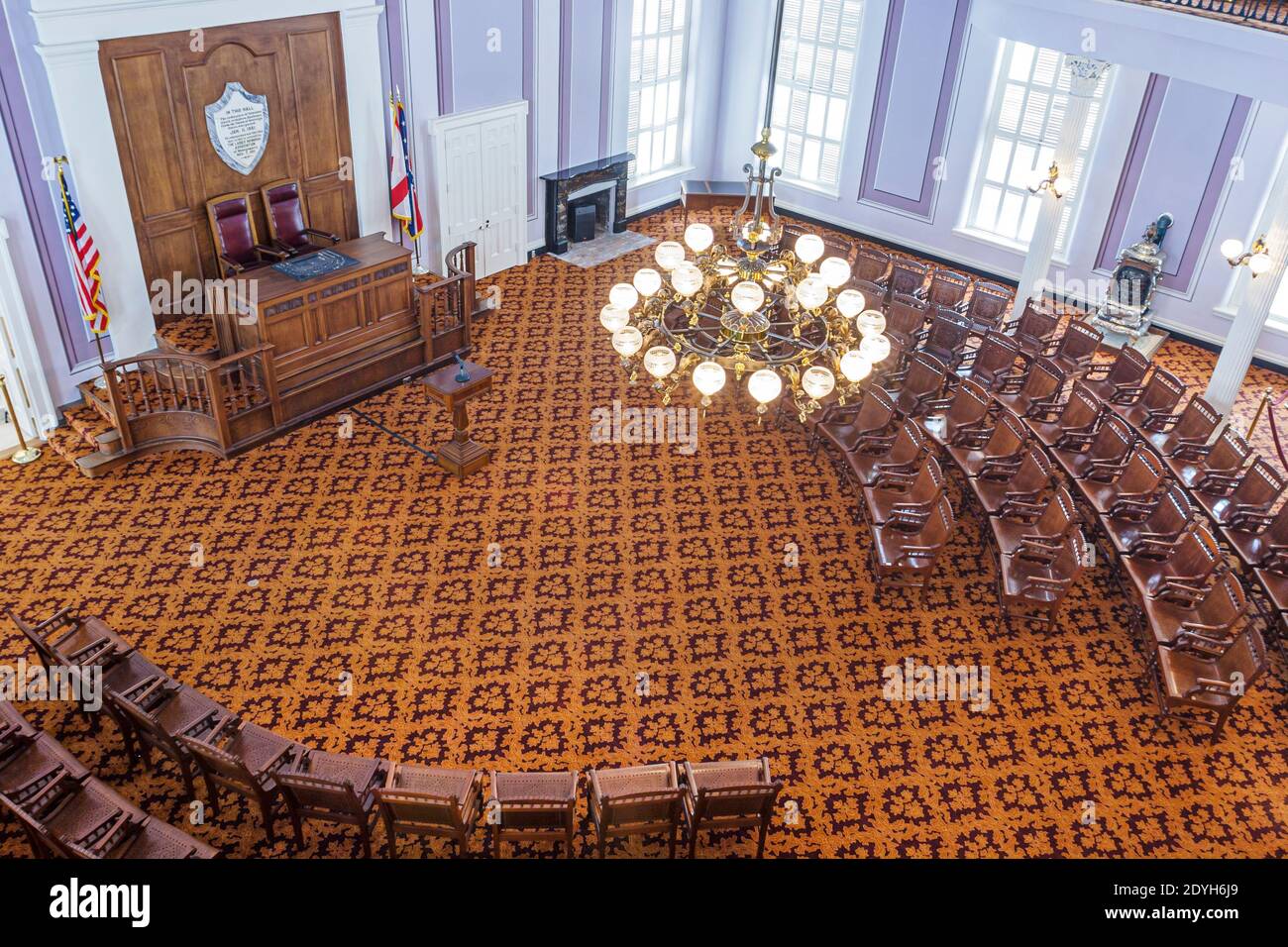 Alabama Montgomery State Capitol building House Chamber,overhead view chandelier inside interior, Stock Photo