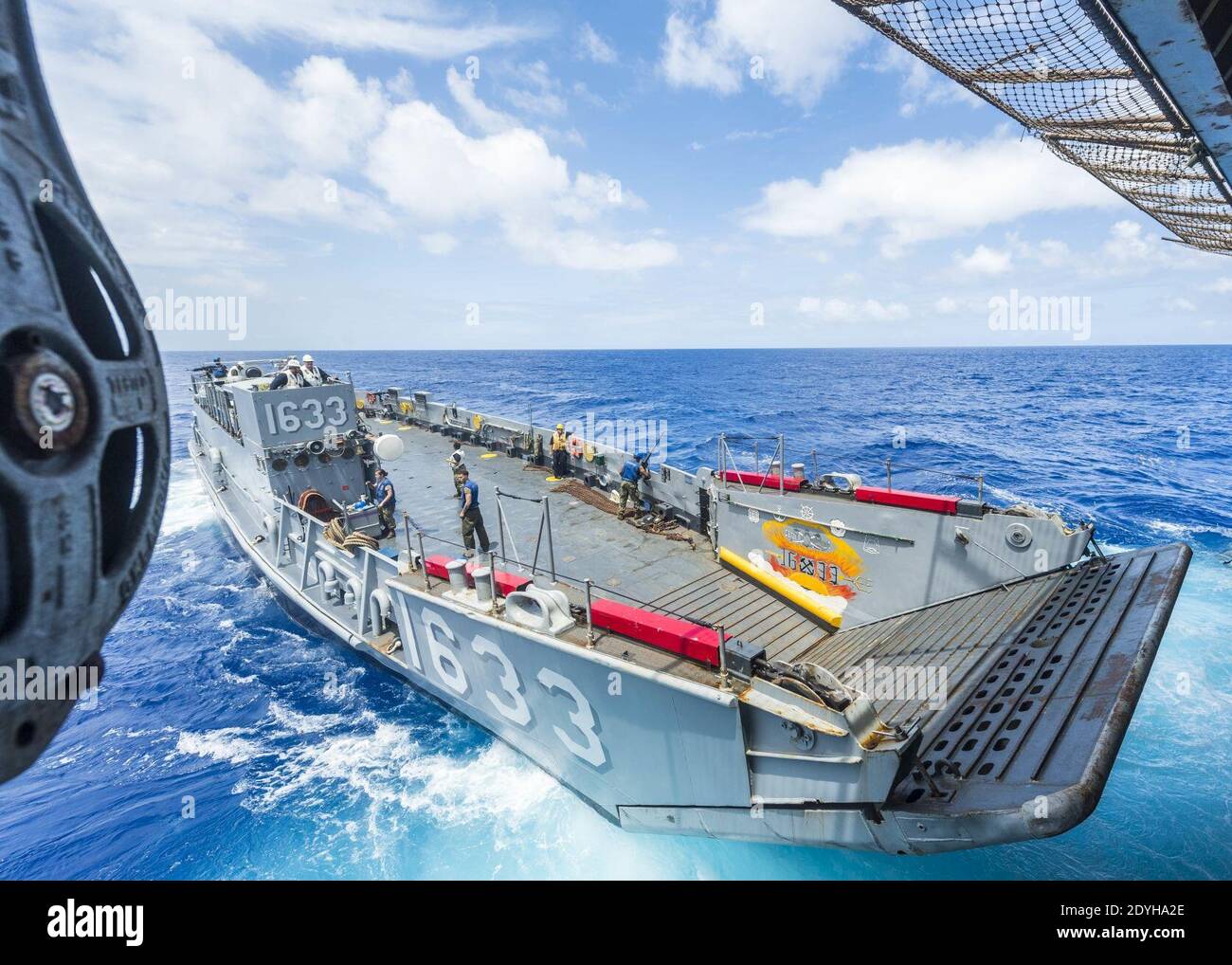 LCU-1633 departs the well deck of USS Ashland (LSD-48) during well deck operations on 12 March 2019. Stock Photo