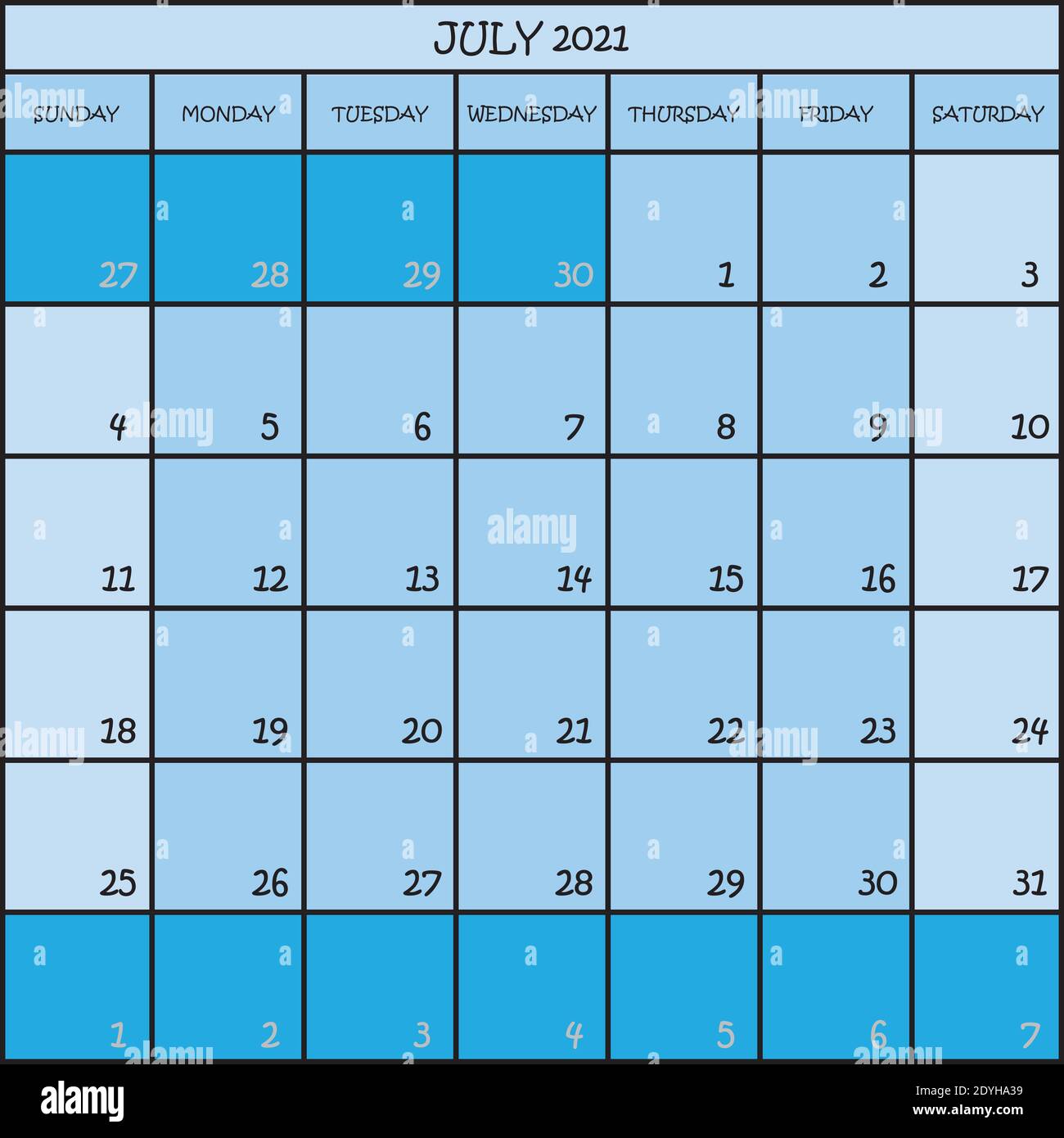 Calendar Planner Month July 21 On Three Shades Of Blue Color Background Stock Vector Image Art Alamy