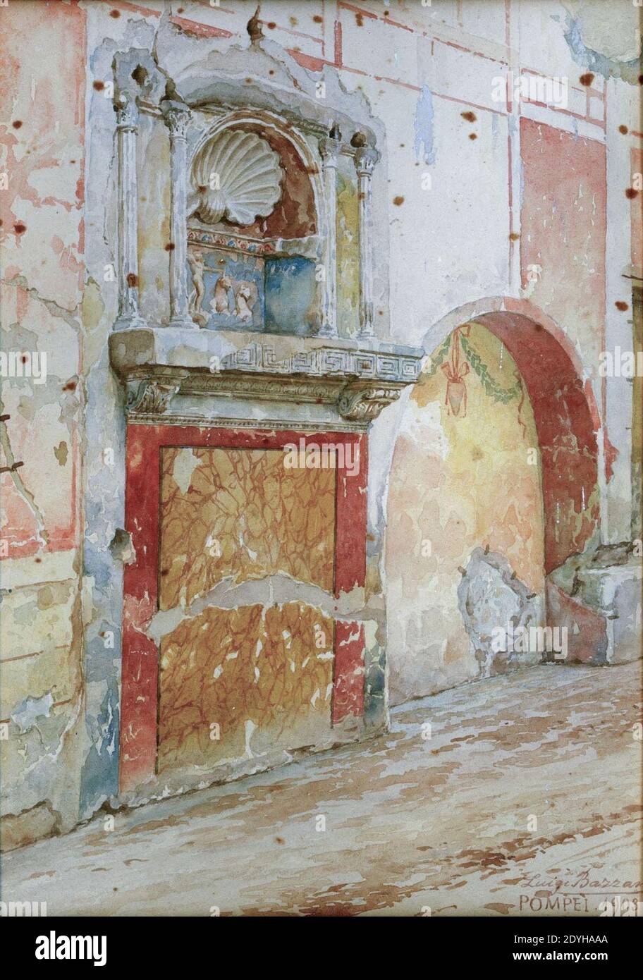 Lararium of House IX 1, 7, in Pompeii watercolor by Luigi Bazzani. Stock Photo