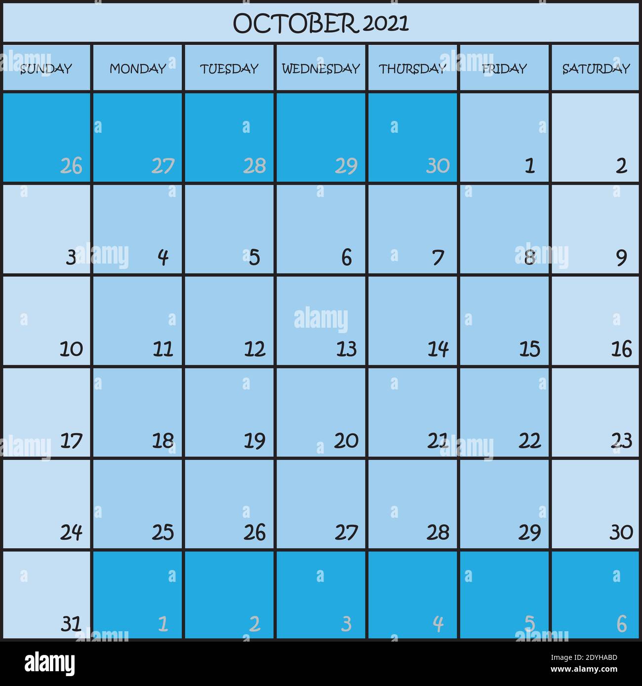 CALENDAR PLANNER MONTH OCTOBER 2021 ON THREE SHADES OF BLUE COLOR BACKGROUND Stock Vector