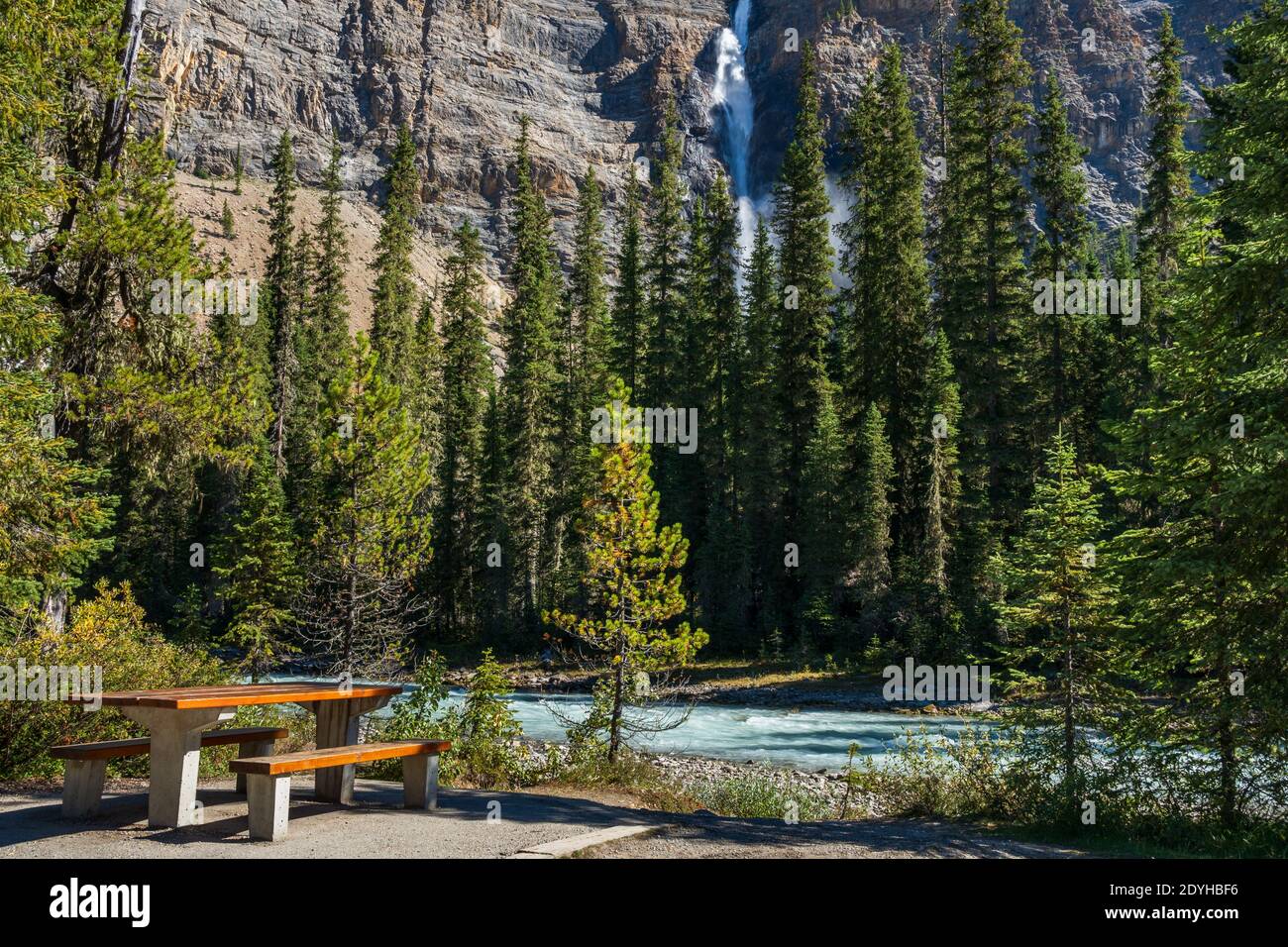Wooden bench by the Yoho River over Takakkaw Falls Waterfall in a sunny