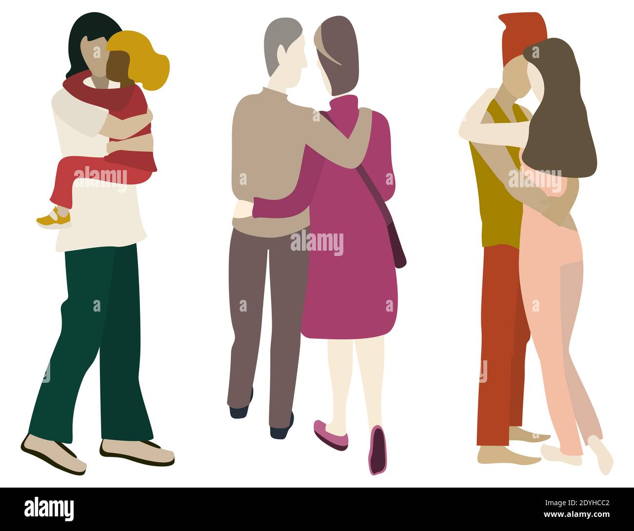 Set of Hugging People. Mother and baby, elderly couple and young couple. Back view and side view. Vector illustrations for holyday card or flyer. Isol Stock Vector