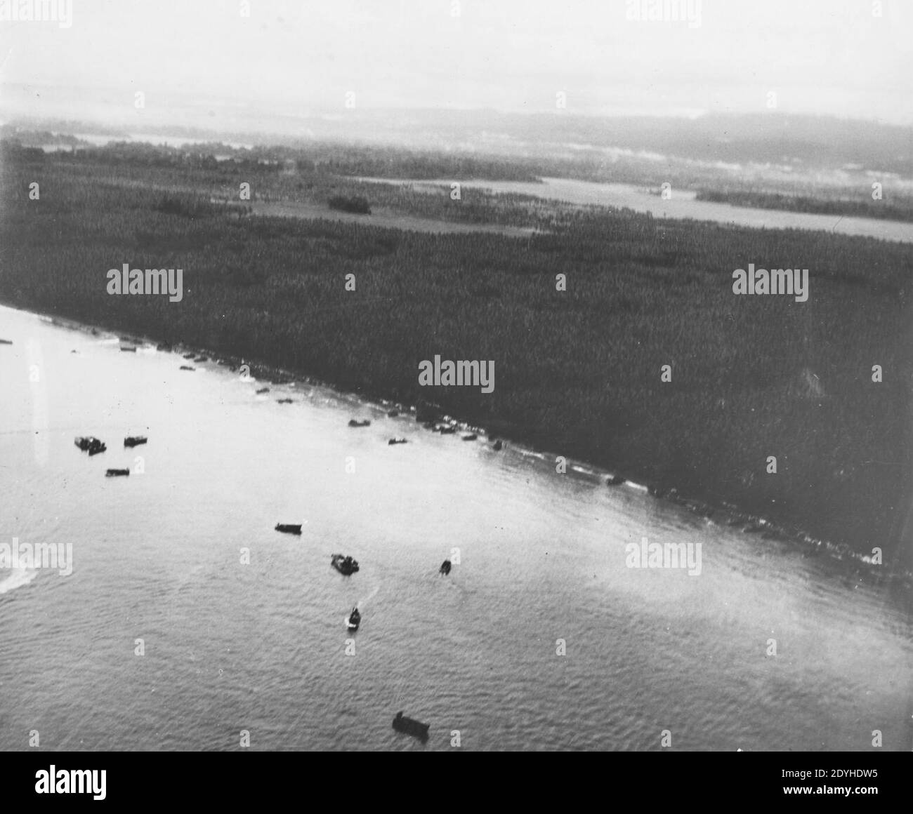 Landing craft off Beach Red on Guadalcanal Island, circa 7-9 August 1942 (NH 97760). Stock Photo