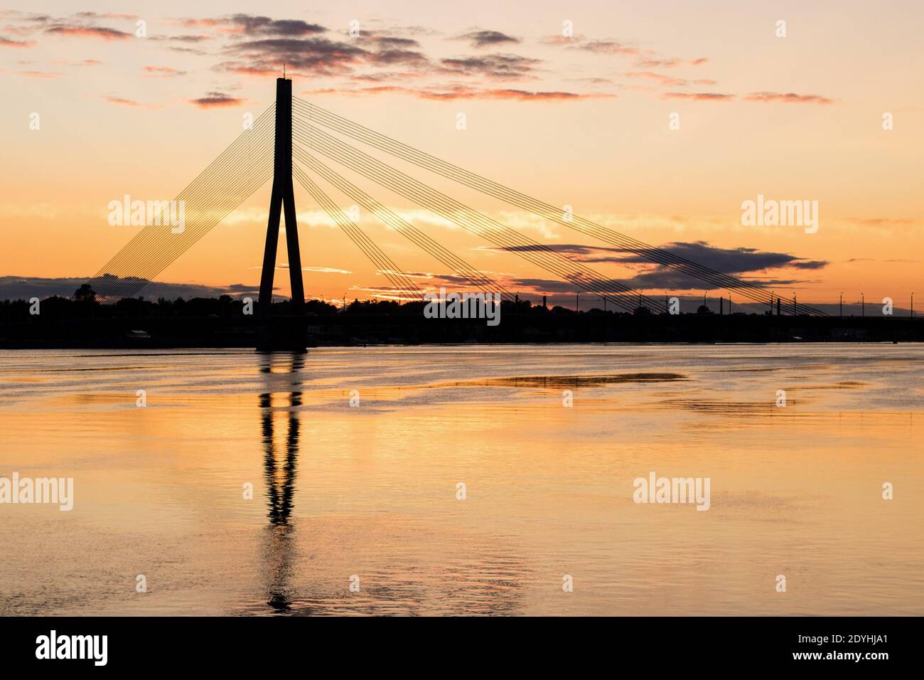 Beautiful sunset over the Vansu bridge in Riga, Latvia Stock Photo