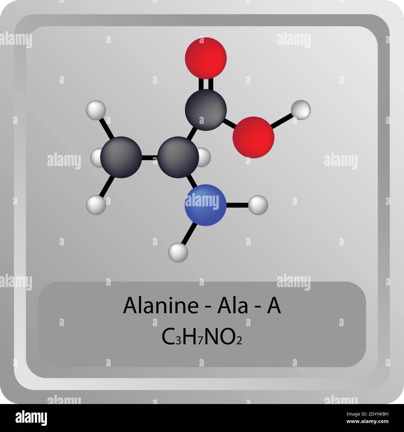 Alanine Ala A Amino Acid chemical structure. Molecular formula ball and stick model Molecule