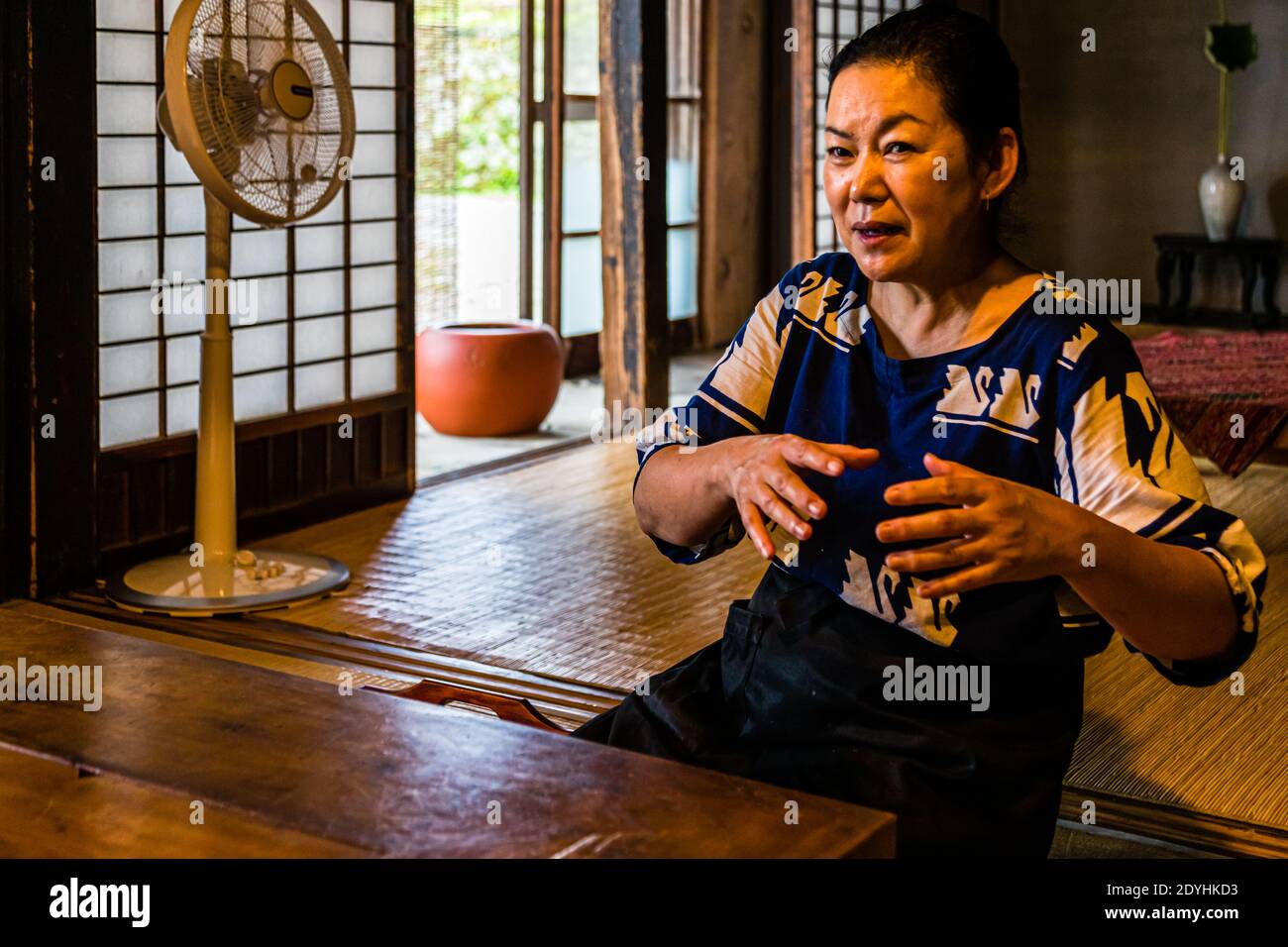 Typical Japanese Dinner by Atsuko Kato. Atsuko Kato explains the principles of kaiseki in her dining room. A complete menu is served, with ingredients such as rice and vegetables sourced directly from local producers. The dishes are prepared with care and creativity, always inspired by the changing seasons, and the presentation combines visual aesthetics with authentic flavours Stock Photo